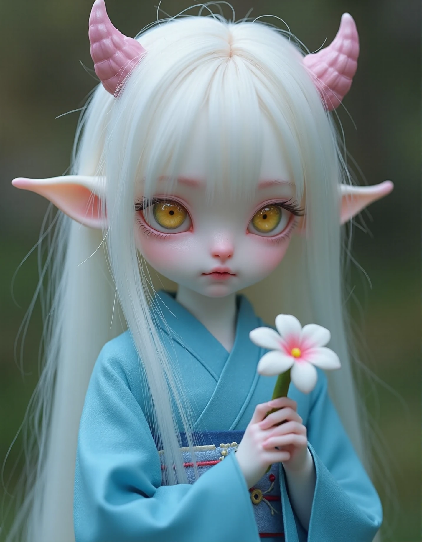 bjdoll, ethereal female albino demon with small pink horns and yellow eyes, wearing a blue kimono, holding a flower
 <lora:bjd:1>