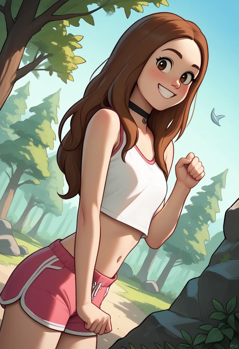 score_9, score_8_up, score_7_up, score_6_up, score_5_up, 1girl, solo,
<lora:Sophie (Storybooth):0.9>
Sophie_Storybooth, brown hair, long hair, dot eyes,
choker, grin, teeth, (dolphin shorts, crop top, midriff),
cute pose, dutch angle,
outdoors, (detailed background), forest, rock, trees,
looking at viewer, coy smile, flirtatious look,
sultry expression, blush,