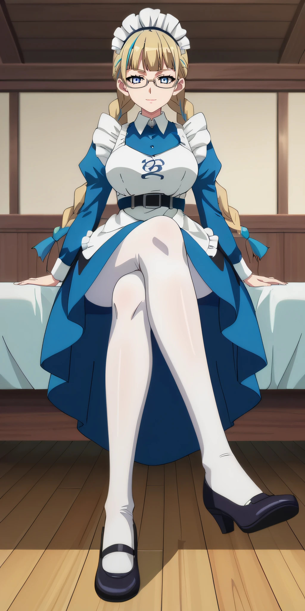 score_9, score_8_up, score_7_up, source_anime, rating_safe, intricate details, official style, anime screencap, 1girl, solo, <lora:Meiden_Meiko:1>, meiko, blonde hair, streaked hair, blue hair, twinbraids, glasses, blue eyes, maid headdress, maid dress, maid apron, long skirt, large breasts, black belt, juliet sleeves, looking at viewer, expressionless, smile, indoor, full body, from below, sitting on bed, feet, white pantyhose, crossed legs