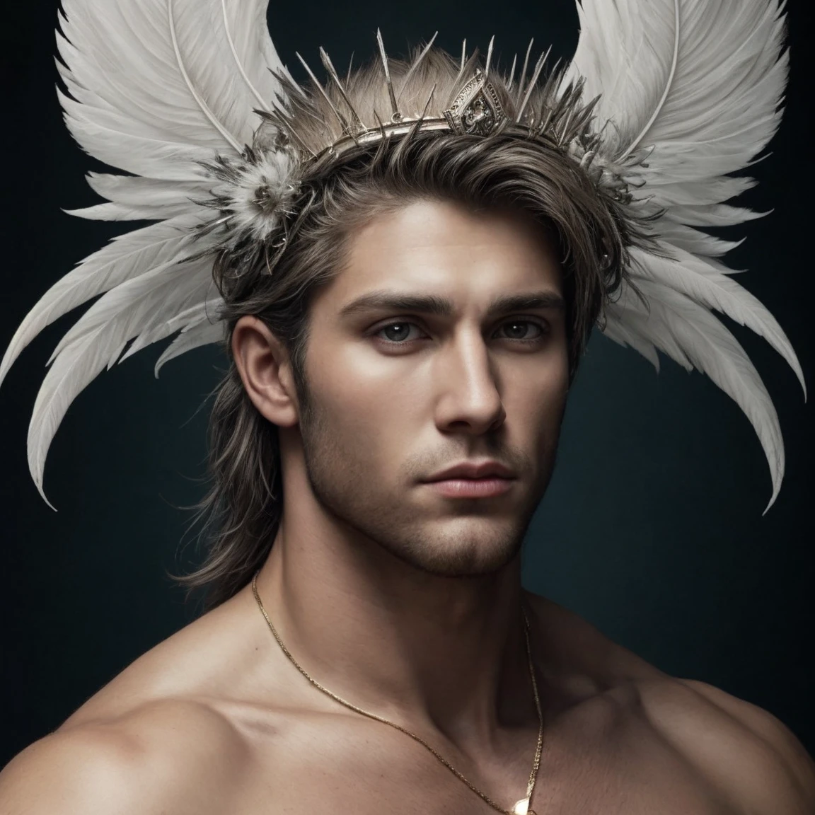 VirgoSign, crown of feathers, male, muscular, face,  male focus, face beauty, muscular body, hunk, realistic, 8K, ultra quality, elegant, highly detailed, ultra realistic, photograph, <lora:VirgoSign:0.11>