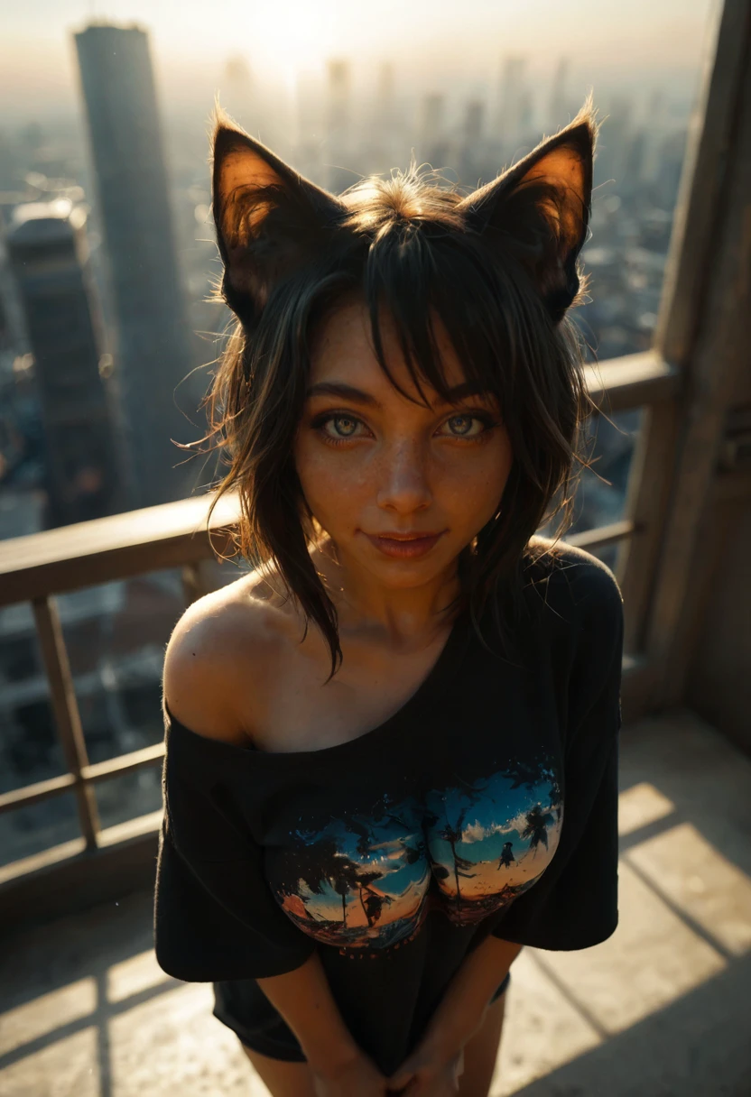 cute woman with long, sleek black hair falling over her shoulders, soft brown eyes with a gentle expression, big breasts, off shoulder shirt, printed shirt, vibrant blue eyes, catgirl, happy, paw pose
abstract background, (sound effects:2)  (split lighting:1.7), rooftop, (from above:1.4), moonlight BREAK full moon, skyline BREAK, .score_9, score_8_up, score_7_up,score_6_up, rating_safe