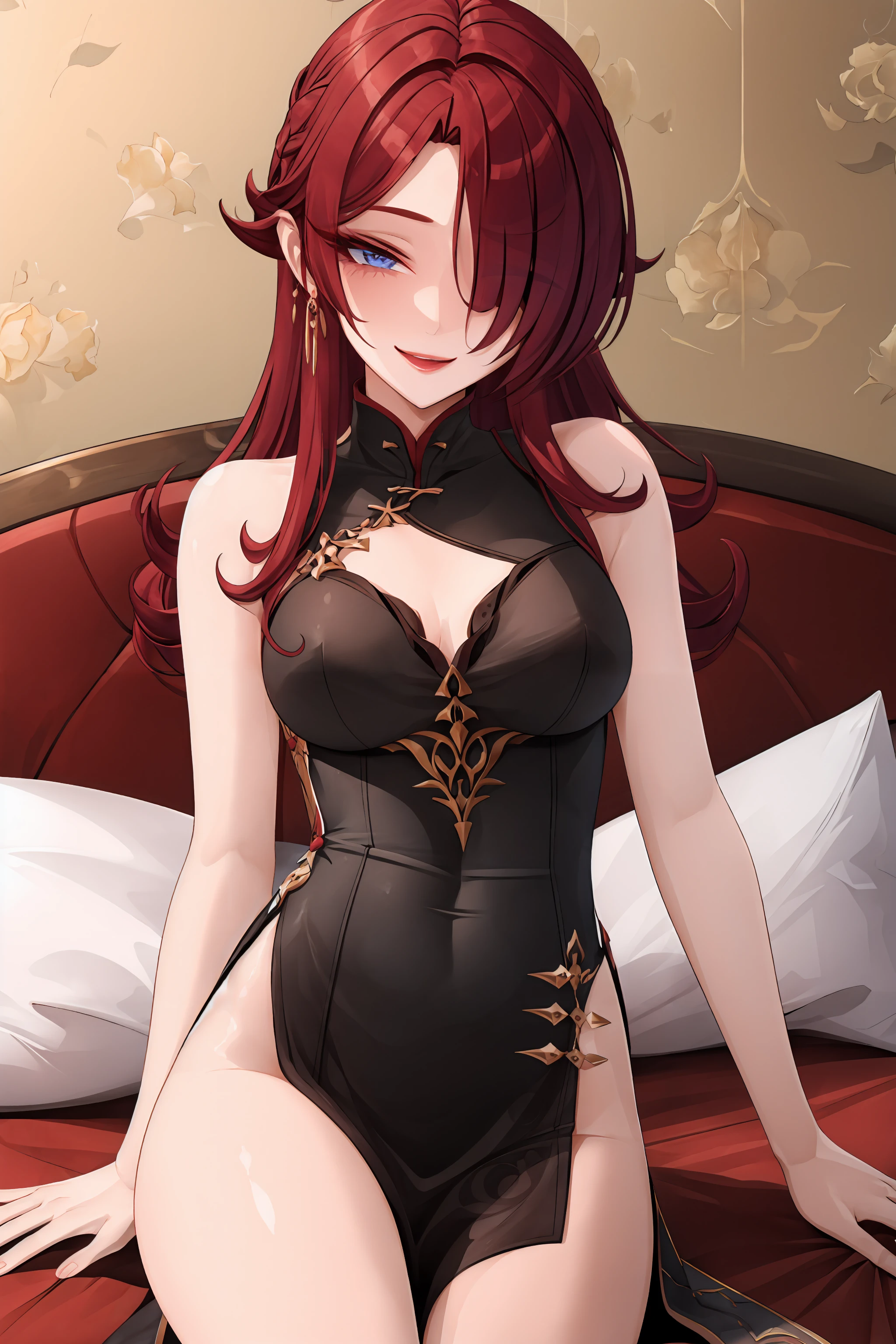 ((masterpiece,best quality)), 1girl, chasca, hair over one eye, china dress, sleeveless, smile, half-closed eyes, bare legs,