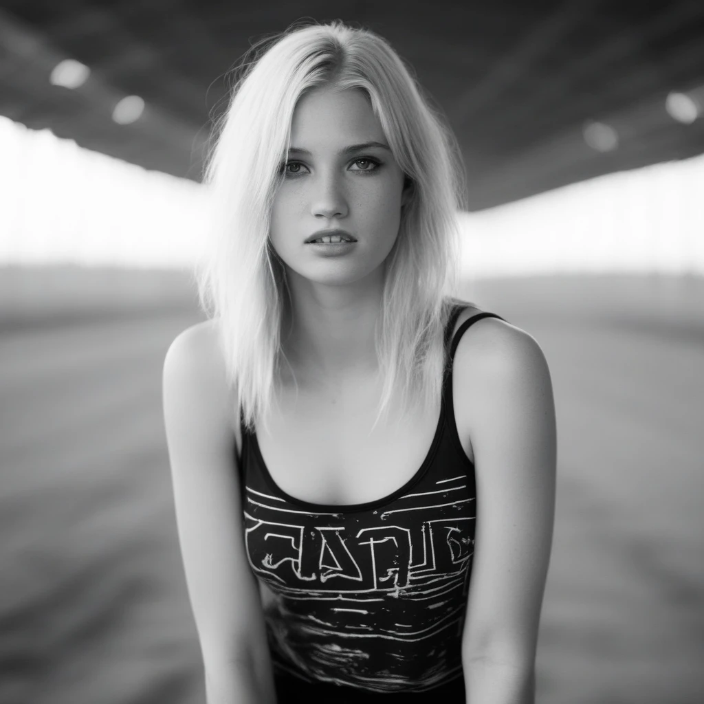 gap-toothed, long hair, space, gap-teeth, solo, mouth, indoors, shirt, bare shoulders, blonde hair, blurry, monochrome, tank top, traditional media, field, black hair