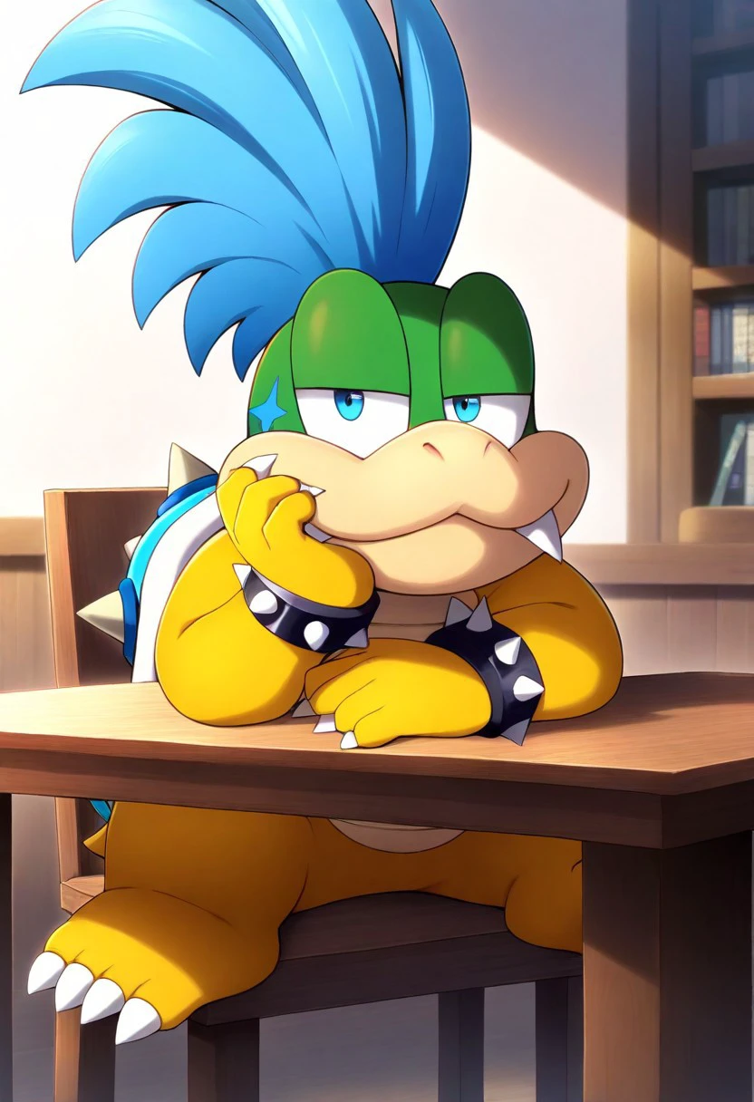 masterpiece, highres, best quality, 4k, anime, 1boy, larrykoopa, anthro, solo, no humans, koopa, scalie, blue hair, mohawk, blue eyes, spiked armlets, fangs out, 4 fingers, spiked shell, looking at viewer, half-closed eyes, bored, closed mouth, full body, sitting, on chair, indoors, table, on table, hand on own face