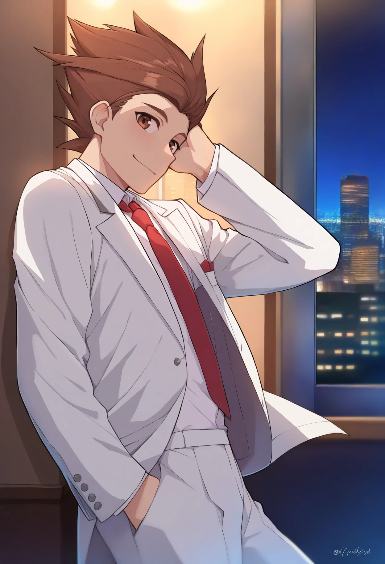 masterpiece, best quality, 1boy, smile, hand in own hair, arm up, hand in pocket, <lora:LloydToS-illu:1> defLloyd, brown hair, spiked hair, brown eyes, formal, white suit, red necktie, night, indoors, city, window