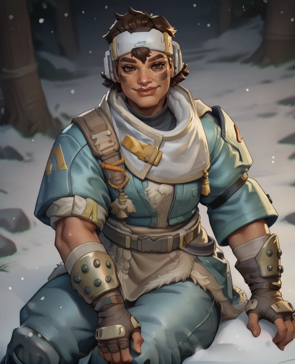 score_9,score_8_up,score_7_up,score_6_up,
vantagexl,brown eyes,short brown hair,facial mark,
smile,looking at viewer,fingerless gloves,biceps,  sitting,  
blue jacket,armor,headband,
snow,camp,<lora:Vantagexl:0.8>,