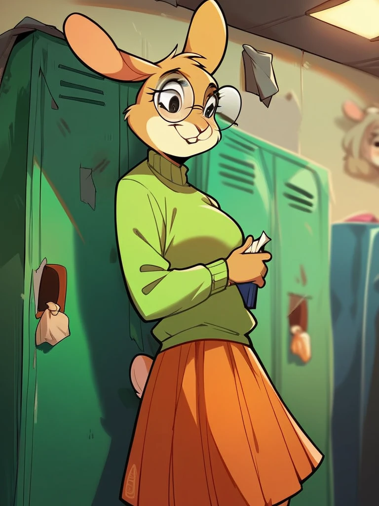 score_9, score_8_up, score_7_up, score_6_up, score_5_up, score_4_up, anthro Veronica_Rabbit, round glasses, green sweater, orange skirt, school lockers, bulletin board, trash can, detailed face, detailed eyes, detailed background, <lora:veronica-rabbit:0.7>