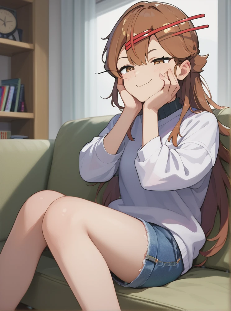 <lora:KonrinzaiZako:1.0>, (anime visual), score_9, score_8_up, score_7_up, score_6_up, Konrinzai_Zako, brown hair, long hair, red hairclip, brown eyes, 1girl, a girl wearing white sweater and denim shorts, apartment room backgrounds, (sitting on sofa, hands on face, smug face),