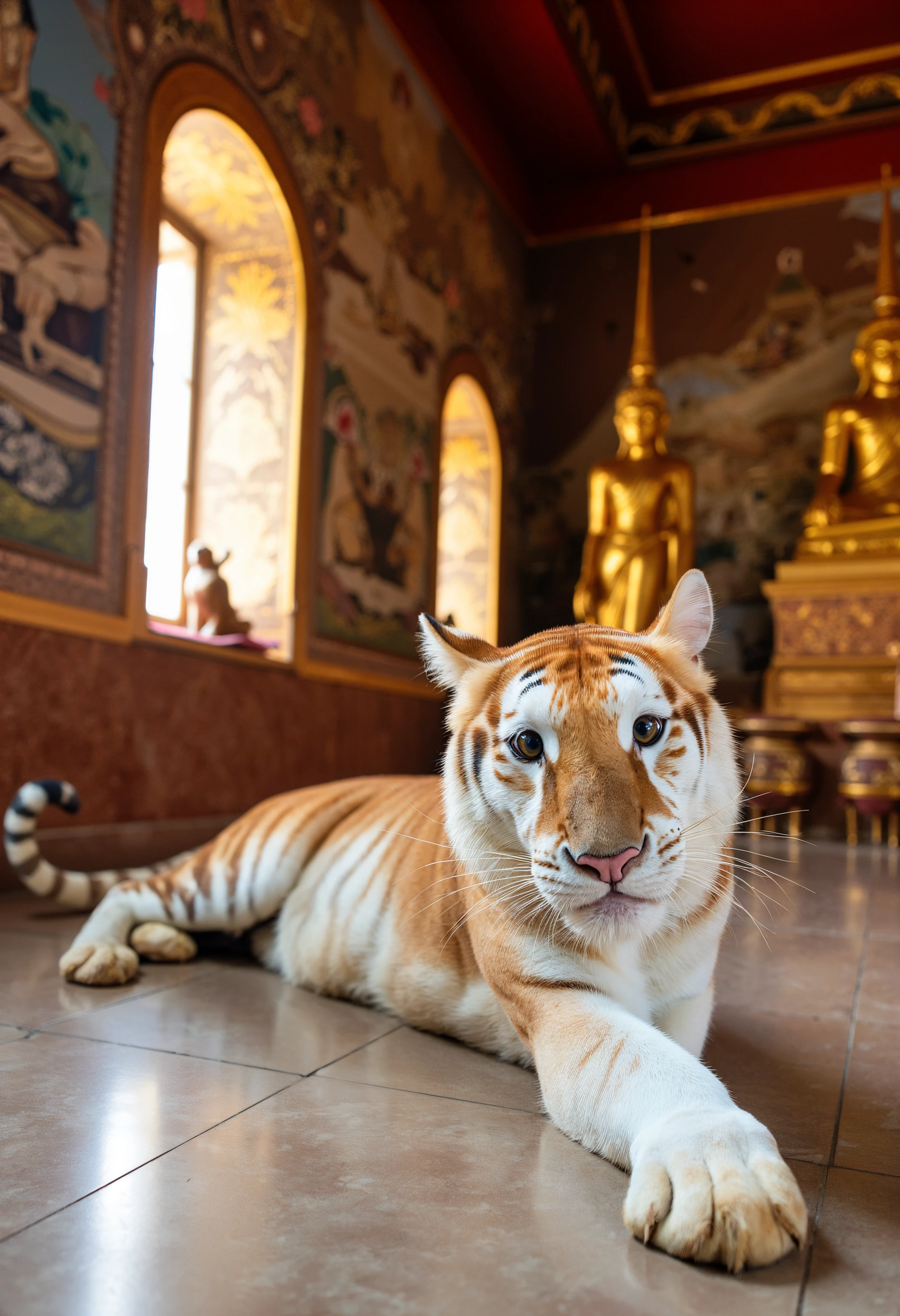 The image is a high-resolution photograph of a pale eva tiger, taken inside a traditional Thai temple. The tiger is lying down on a polished temple floor, with its body stretched out in a relaxed pose. Its fur is pale, almost white, with faint golden-orange hues and distinctive white markings on its face, chest, and legs. The tiger's eyes are large and expressive, with a piercing gaze directed straight at the camera. The background features ornate golden Buddha statues, intricate mural paintings on the walls, and delicate carvings that reflect the rich cultural heritage of the temple. The natural light streaming in through open windows adds a warm and serene glow to the scene, emphasizing the tiger's ethereal and majestic presence within the sacred atmosphere of the temple.