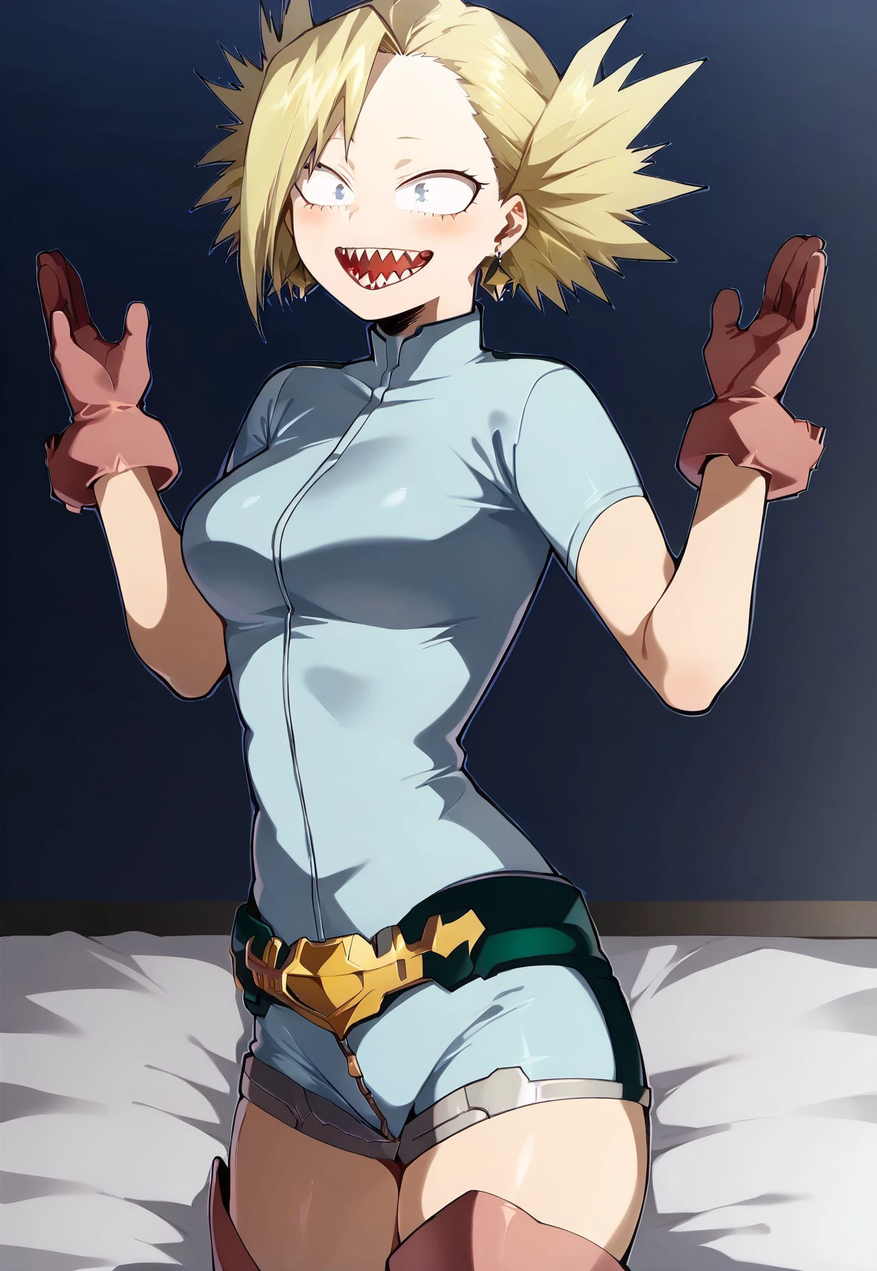 safe_pos, 1girl, solo, spectacular lighting, female, close-up, Expressiveh, tatami nakagame \(boku no hero academia)\, blonde hair, short hair, sharp teeth, light blue leotard, (leotard), bare thighs, (unzipped), pink thigh highs, thigh high boots, zipper on leotard, solo, female, blue eyes, happy, pink gloves, short sleeve, earrings, fish earrings, (hero outfit),