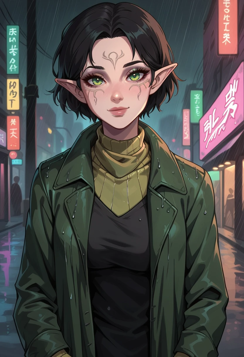 score_9, score_8_up, score_7_up, 1girl, solo,  SulfS-M3rr1LL, pointy ears, face tattoo, facial mark, short hair, black hair, green eyes,
yellow turtleneck:1.2, green coat, hands in pockets, pants,
smiling, neon city streets, rain, glow, upper body, 
<lora:Merrill_Dragon_age_2-000008:0.8>,    <lora:GLSHS_-_V3N:0.8> GLSHS,