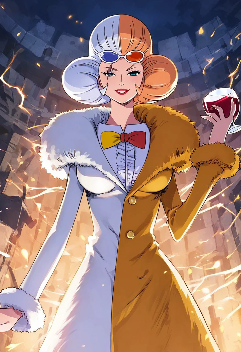 InazumaOP, 1girl, solo, short hair, hair ornament, sunglasses, lips, lipstick, makeup, fur trim, coat, shoes, glass of wine, lightning bolt shaped scar,  over right eye scar, clothes and hair that are orange on one side and white on the other,  large breast, bow tie, fur cuffs, buttons on coat, fur coat, 
seductive pose, sexy pose, tease,  in the spotlight, , ruins, detailed hands, smile,
 score_9, score_8_up, score_7_up, beautiful aesthetic, very intricate, high quality details,vibrant, highly detailed, award-winning, professional,anime artwork, anime style, studio anime, athletic, curvy body, athletic girl, perky tits,large breast,perfect tits, round breasts, nipple outline,looking at viewer, pinup pose,teasing, dynamic lighting, cinematic, smug, better than you, aura of temptation, highly detailed, high resolution, masterpiece, detailed clother, detailed background, highly detailed, ((sound effects)) comic layout,