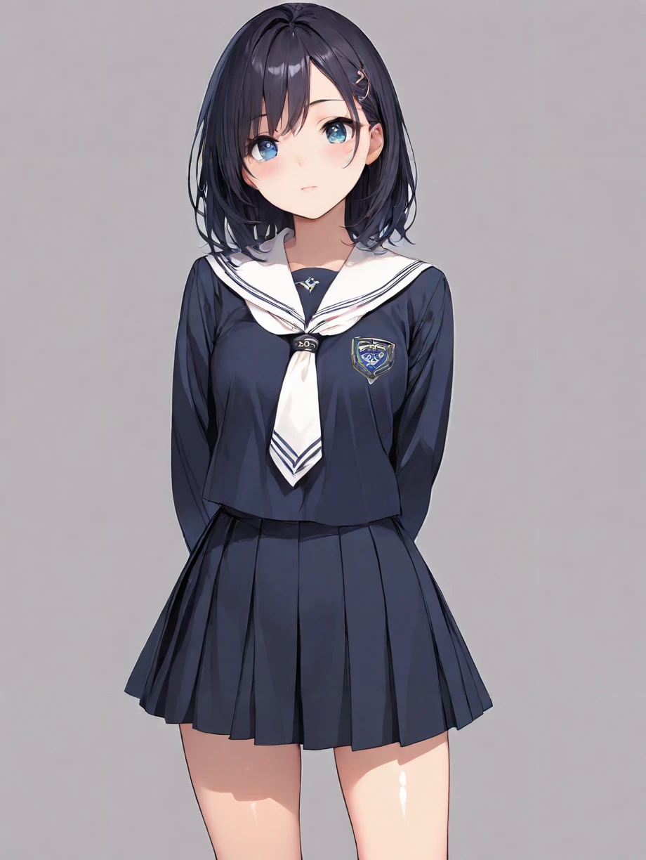 (masterpiece,ultra-detailed,best quality,8K,CG:1),illustration,(cute face,clean skin ,shiny hair,ultra-detailed-eyes:1),solo,1girl,(simple background:1.0), <lora:JCF_illustrious_V1.0:0.7> jcf,school uniform