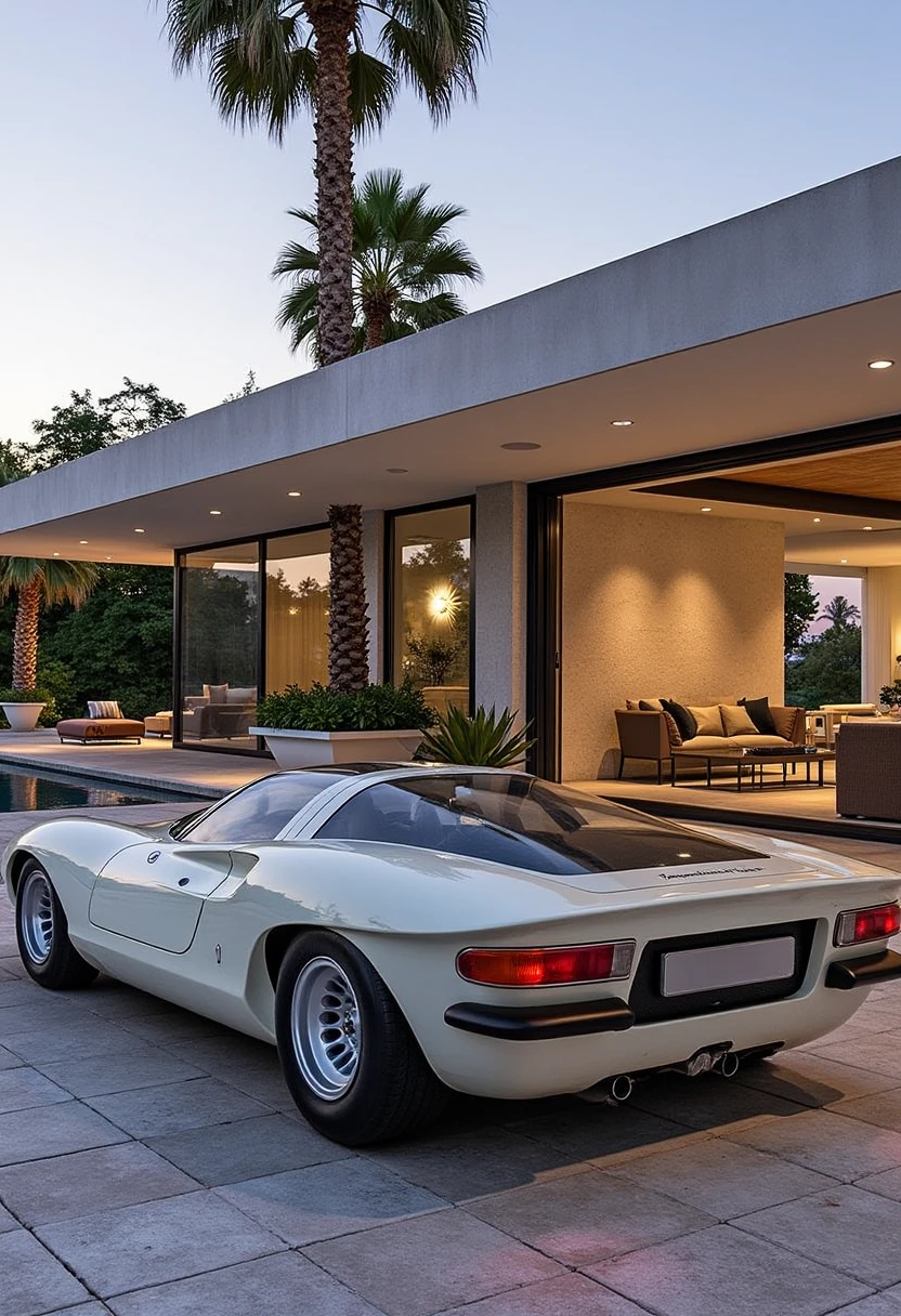 aromeo33, A luxury car parked in front of a modern glass mansion, with a pool and palm trees in the background, bathed in soft evening light