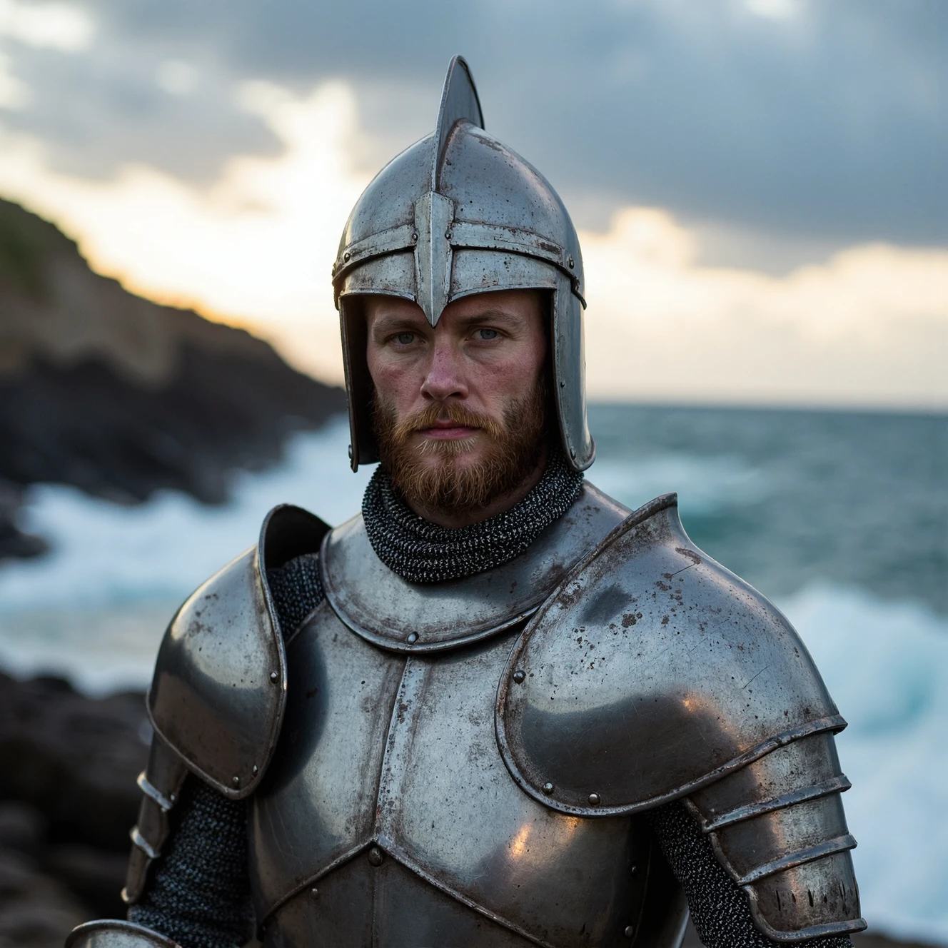 RAW photo, sharp focus, wide depth of field, dof, dark sky, pale afternoon light, a candid full body hero shot from the front of a male 30 year old warrior wearing a shiny knight armor with a helmet, 8k uhd, dslr, soft lighting, high quality, film grain, Fujifilm XT3
he stands in a stormy rocky beach with a sea at high tide with big waves, background is an uprising thunderstorm with black clouds and (((lightning bolts))), dim light, nature photography  <lora:FLUX_Polyhedron_storm_Kohya_ss-000001:1>
<lora:FLUX_Polyhedron_all_Kohya_ss-000001:0.3>  closed mouth, (no freckles:0.5), perfect eyes, glowing irises, even eyes, even pupils, round iris, detailed pupils, light reflections, visible cornea, blood vessels, (wet skin:1.1), (sweat:1.1), ((white winter skin)), wax skin, marble skin, ((pale skin)), clear skin, [[skin blemishes]], skin pores, blush, flushed cheeks, [[[[[moles]]]]], wrinkles, [[[[vitiligo spots]]]], [[whiteheads]], [[[blackheads]]], [pimples], perfect hands, shiny bright eyes, centered pupils, blood vessels in sclera, detailed skin, [[oiled shiny skin]], beauty spots, skin fuzz, sss, subsurface scattering, shine from within, hands off face, not asian