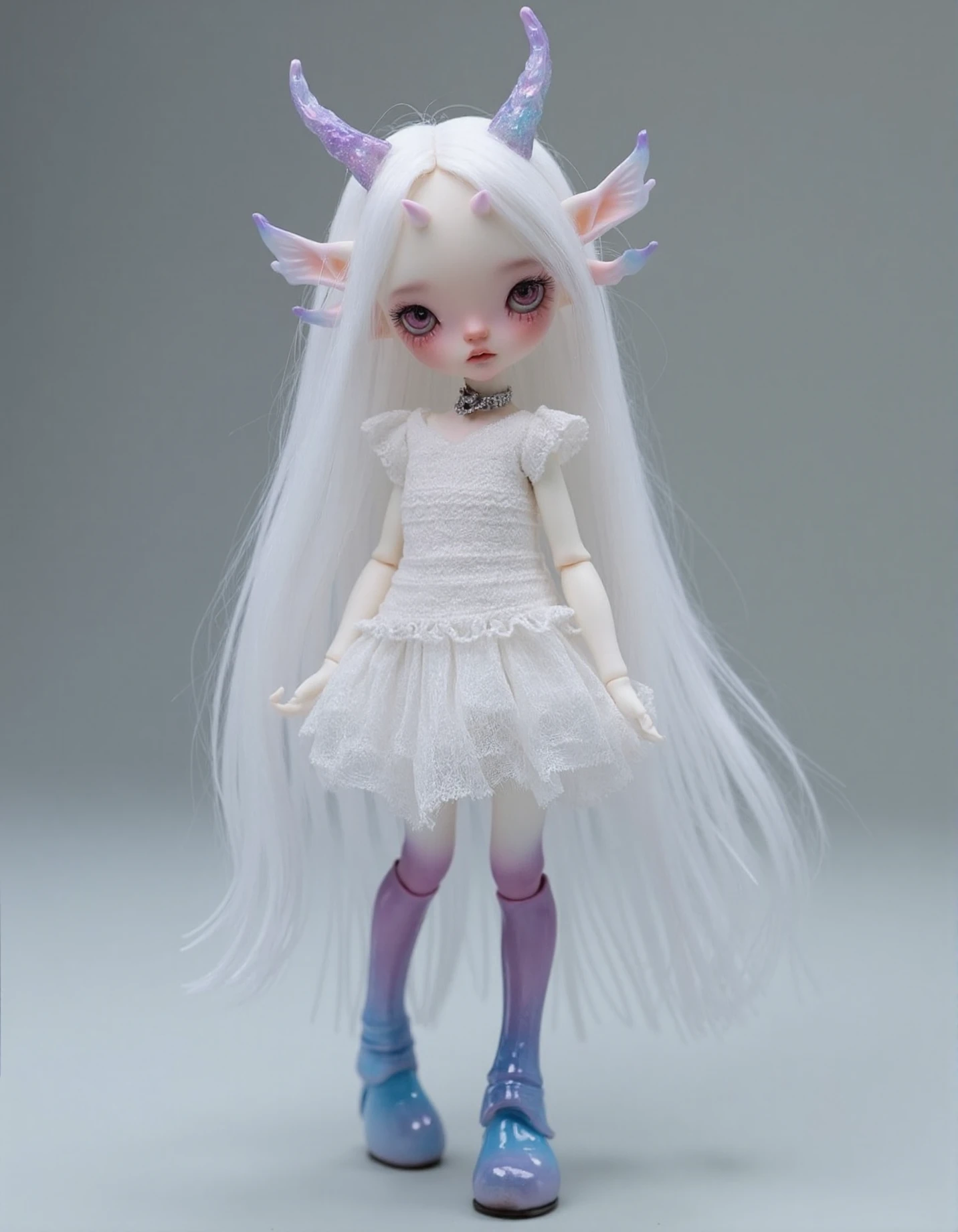 bjdoll, This is a highly detailed photograph of a realistic, life-like doll with a soft, ethereal appearance. The doll has pale skin, large, expressive eyes with pink irises, and delicate features. It has two small, translucent horns on its head and long, flowing white hair with purple and blue highlights. The doll is adorned with a white, lacy dress and a silver choker necklace. Its legs are slender and covered in a glossy, iridescent material that transitions from blue to purple. The background is a plain, gradient gray, emphasizing the doll's intricate details and otherworldly aesthetic.
 <lora:bjd:1>