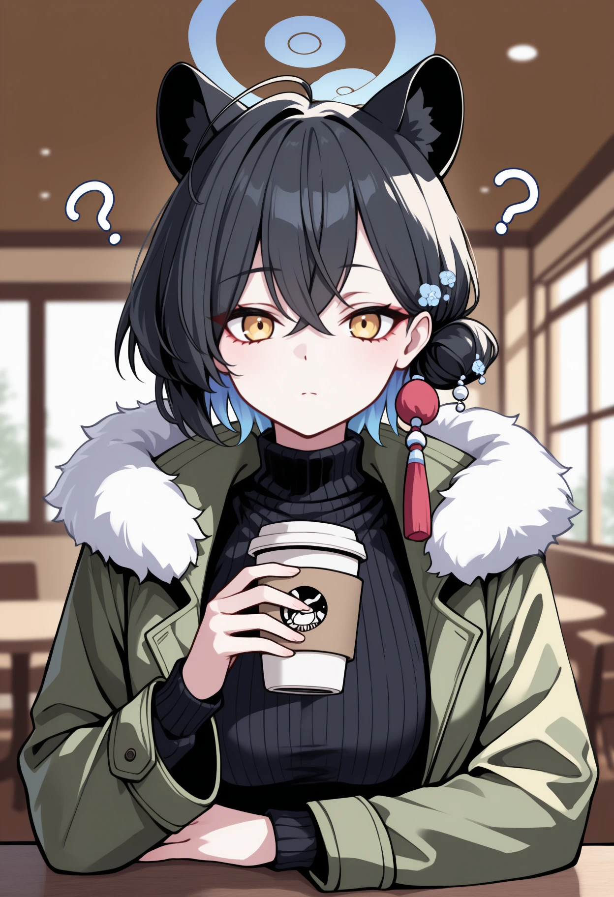 masterpiece, best quality, <break> upper body, solo, 1girl, k4guya, expressionless, looking at viewer, holding cup, disposable coffee cup, hand on table, ?, short hair, colored inner hair, black hair, hair between eyes, crossed bangs, ahoge, hair bun, tassel hair ornament, animal ears, blue halo, yellow eyes, raised eyebrow, winter clothes, green coat, fur-trimmed coat, open coat, long sleeves, black sweater, ribbed sweater, turtleneck, indoors, table, blurry background, cafe, window, window shadow
<segment:yolo-Anzhc Face seg 640 v2 y8n.pt,0.4,0.5//cid=1>