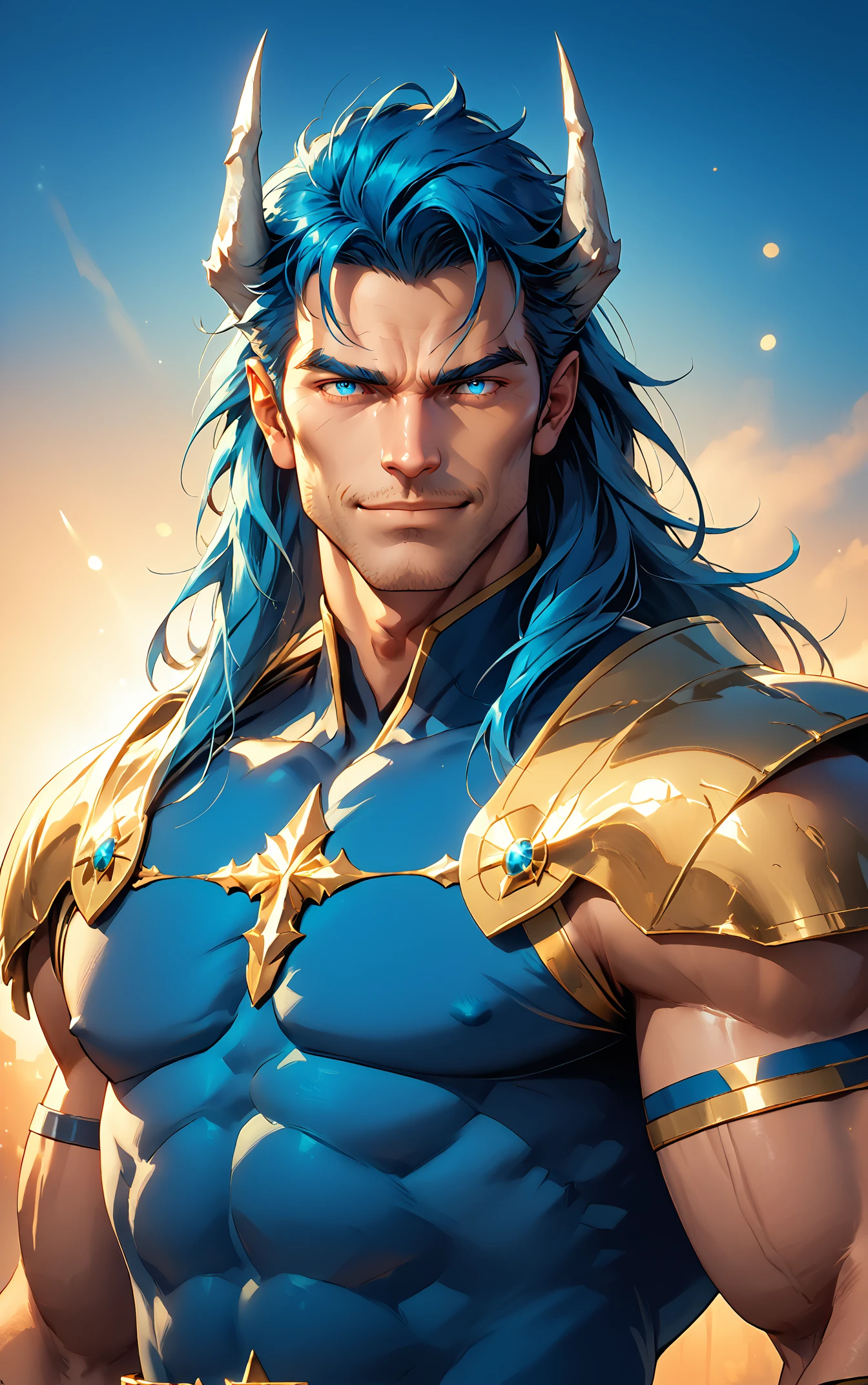 score_9, score_8_up, score_7_up, score_6_up, score_5_up, score_4_up, zPDXL3, 1boy, Mort, frontal view, dashing smile, solo, western comic style, bara, handsome, muscular, heavily built, pale skin, chiseled, blue hair, long hair, blue hair, long hair, blue eyes, masculine, horns, white and blue robes, gold shoulder armor, muscular, horns, light skin, dynamic lighting, realistic, lineart, flat color, masculine, fantasy background, sunset, volumetric, dynamic lighting, bokeh, <lora:MGS_V2_Pony:0.3> <lora:Rob_Liefeld_Chad_Bowers_And_Associated_Artists_Marvels_Deadpool_Badder_Blood_1-5_Artstyle_Blend_PonyXL:0.25> <lora:Mort_-_Epic_Seven_Pony-000004:0.8>