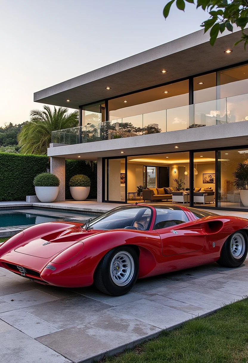 aromeo33, A luxury red car parked in front of a modern glass mansion, with a pool and palm trees in the background, bathed in soft evening light