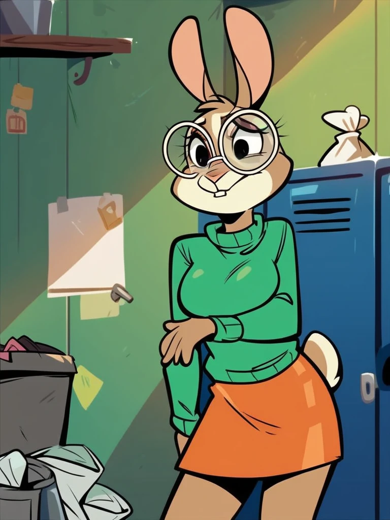 score_9, score_8_up, score_7_up, score_6_up, score_5_up, score_4_up, anthro Veronica_Rabbit, round glasses, green sweater, orange skirt, school lockers, bulletin board, trash can, detailed face, detailed eyes, detailed background, <lora:veronica-rabbit:0.7>