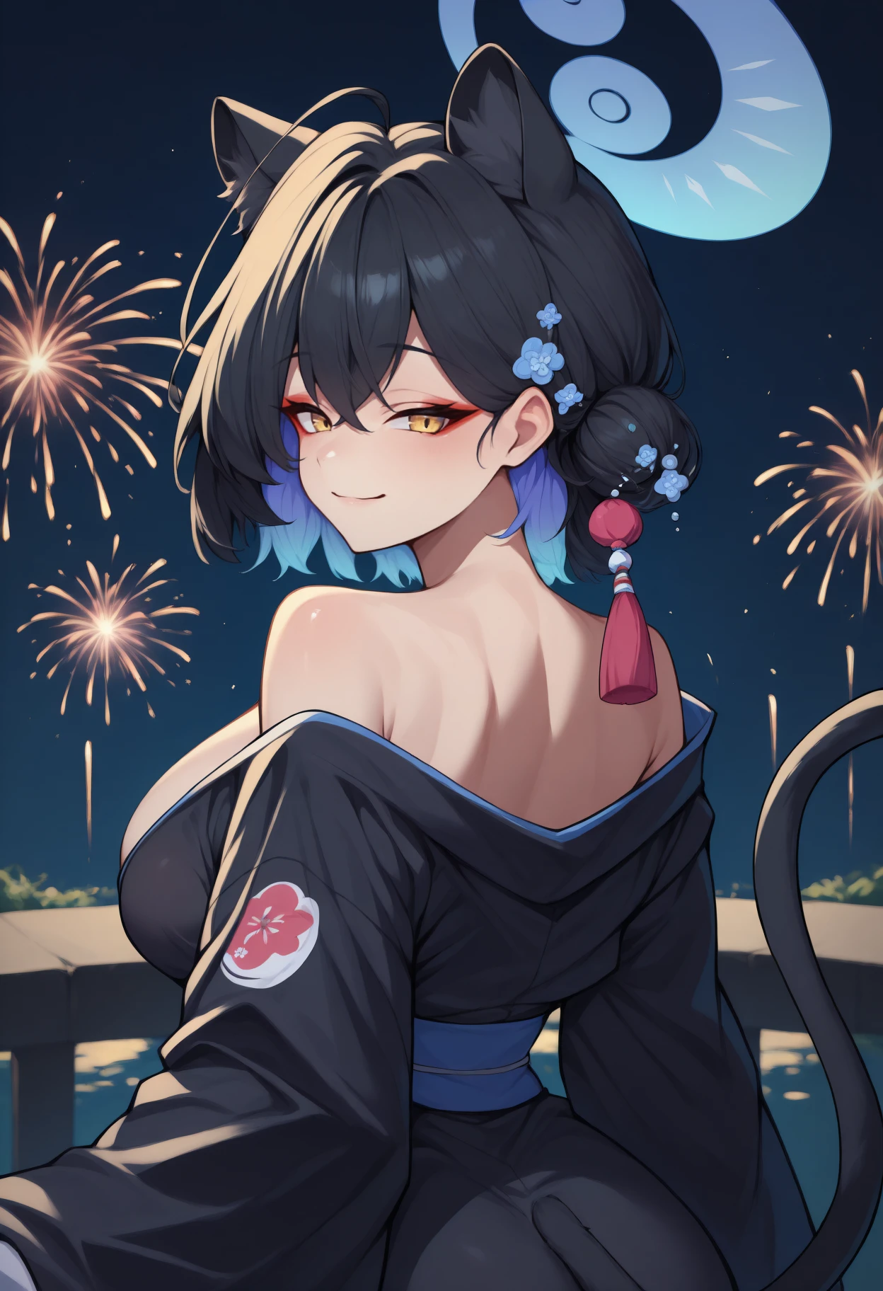 anime, masterpiece, best quality, <break> from behind, solo, 1girl, k4guya, cat tail, smile, looking back, short hair, colored inner hair, black hair, hair between eyes, crossed bangs, ahoge, hair bun, tassel hair ornament, animal ears, blue halo, yellow eyes, japanese clothes, black kimono, off shoulder, blue sash, bare shoulders, outdoors, night, fireworks
<segment:yolo-Anzhc Face seg 640 v2 y8n.pt,0.4,0.5//cid=1>