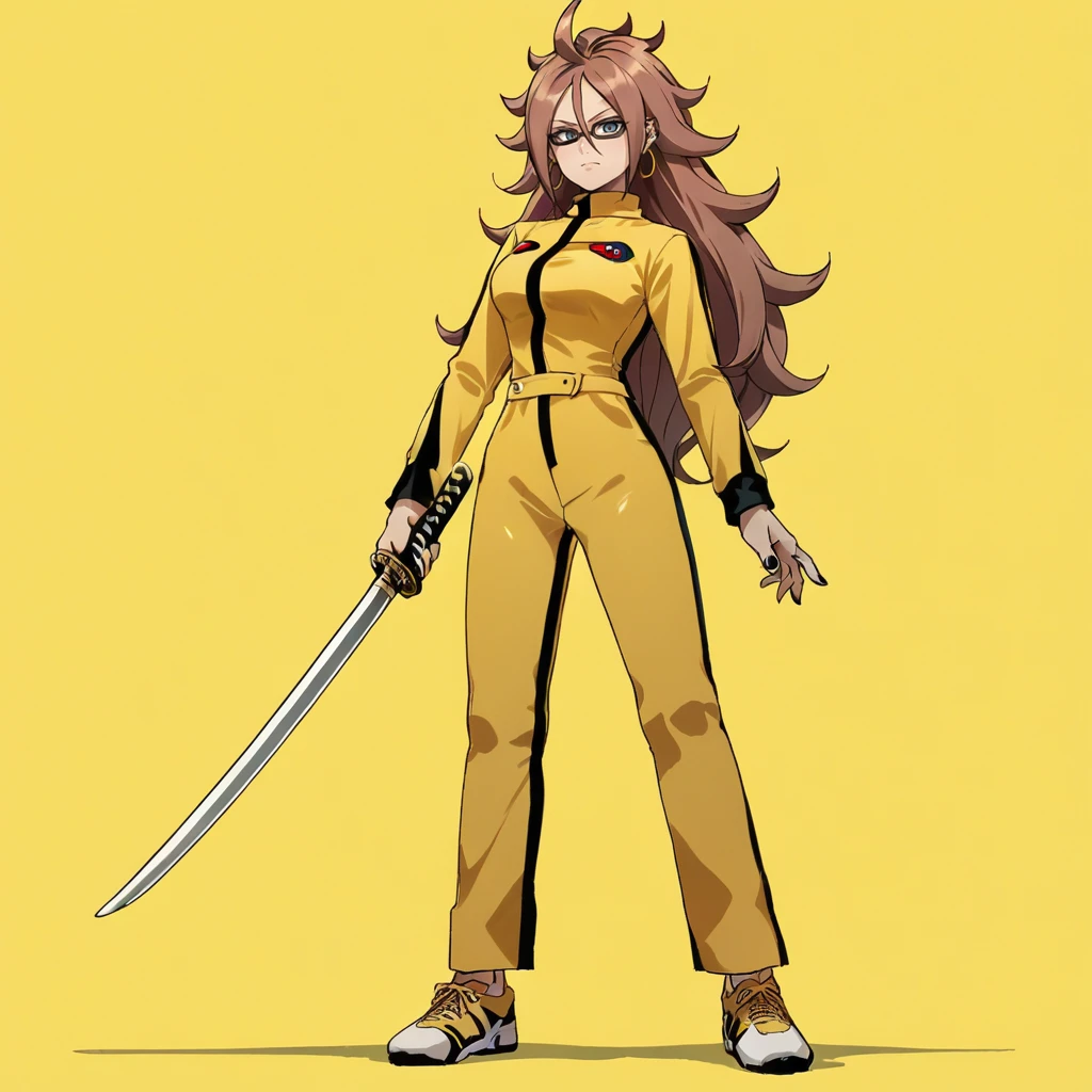 score_9, score_8_up, score_7_up, score_6_up, score_5_up, score_4_up, zPDXL2,source_anime,rating_questionable,1girl, solo,  android_21   ,  <lora:KillBill:0.7> k1llb1ll, katana, holding sword, yellow jumpsuit, sneakers, yellow background