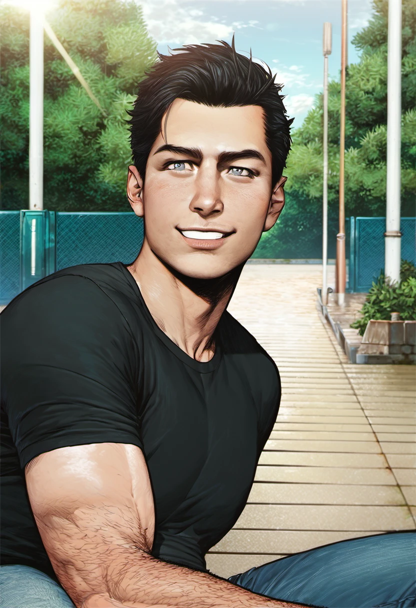 score_9, score_8_up, score_7_up, score_6_up, 1male, solo, junior_hyungry, young man, shirt, jeans, black hair, arm hair, smile, daylight, grey eyes, realistic, blake alexander