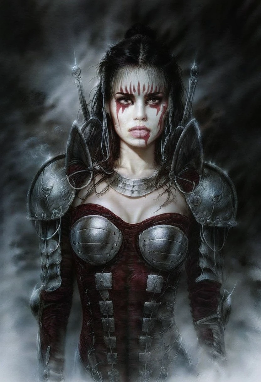 realistic, dark theme, low light, 1girl, solo.
Young beautiful face, fit body, (round breasts), 
LRArmor, Shoulder armor.