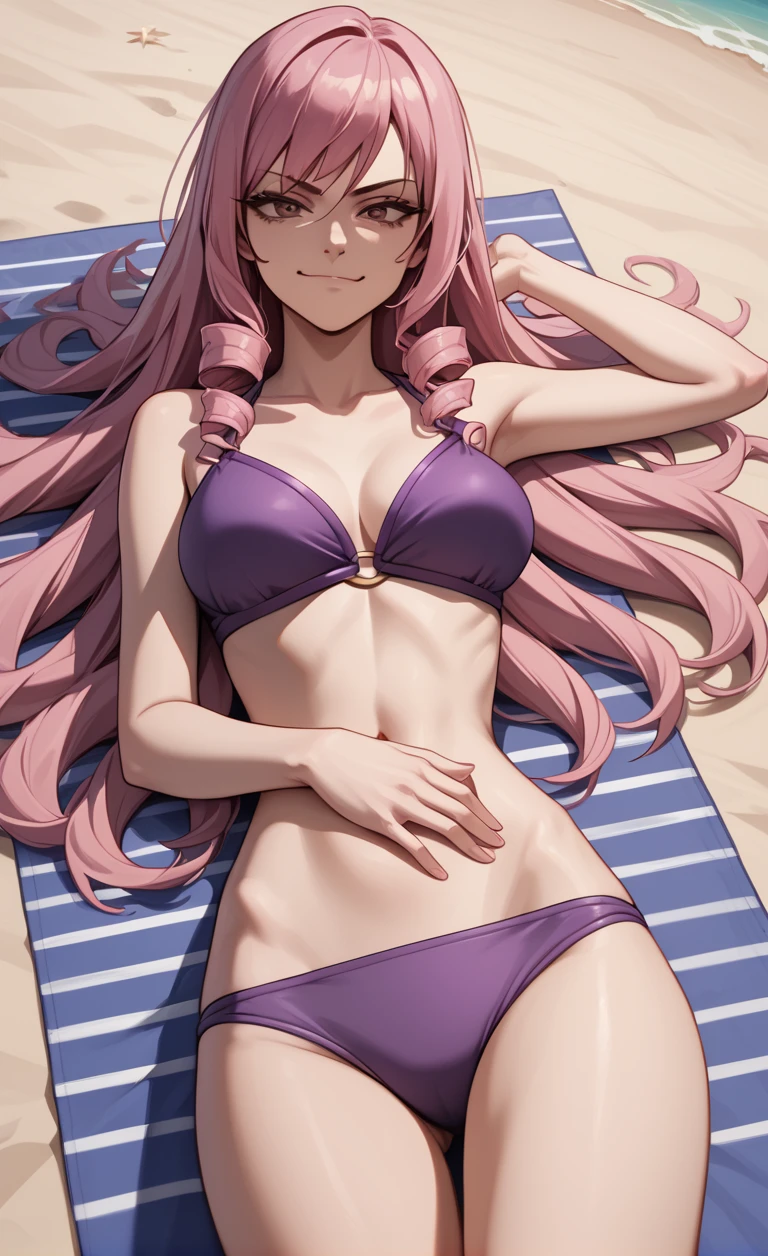 1girl, solo,
score_6, score_7, score_8, score_9,
masterpiece, best quality, highly detailed,
 <lora:Inukai_Isuke_Pony:0.75>, pink hair, long hair, drill hair, brown_eyes, midriff, navel, 
purple bikini, beach, lying down on a towel,
smug, smirk, frown, hand on belly,