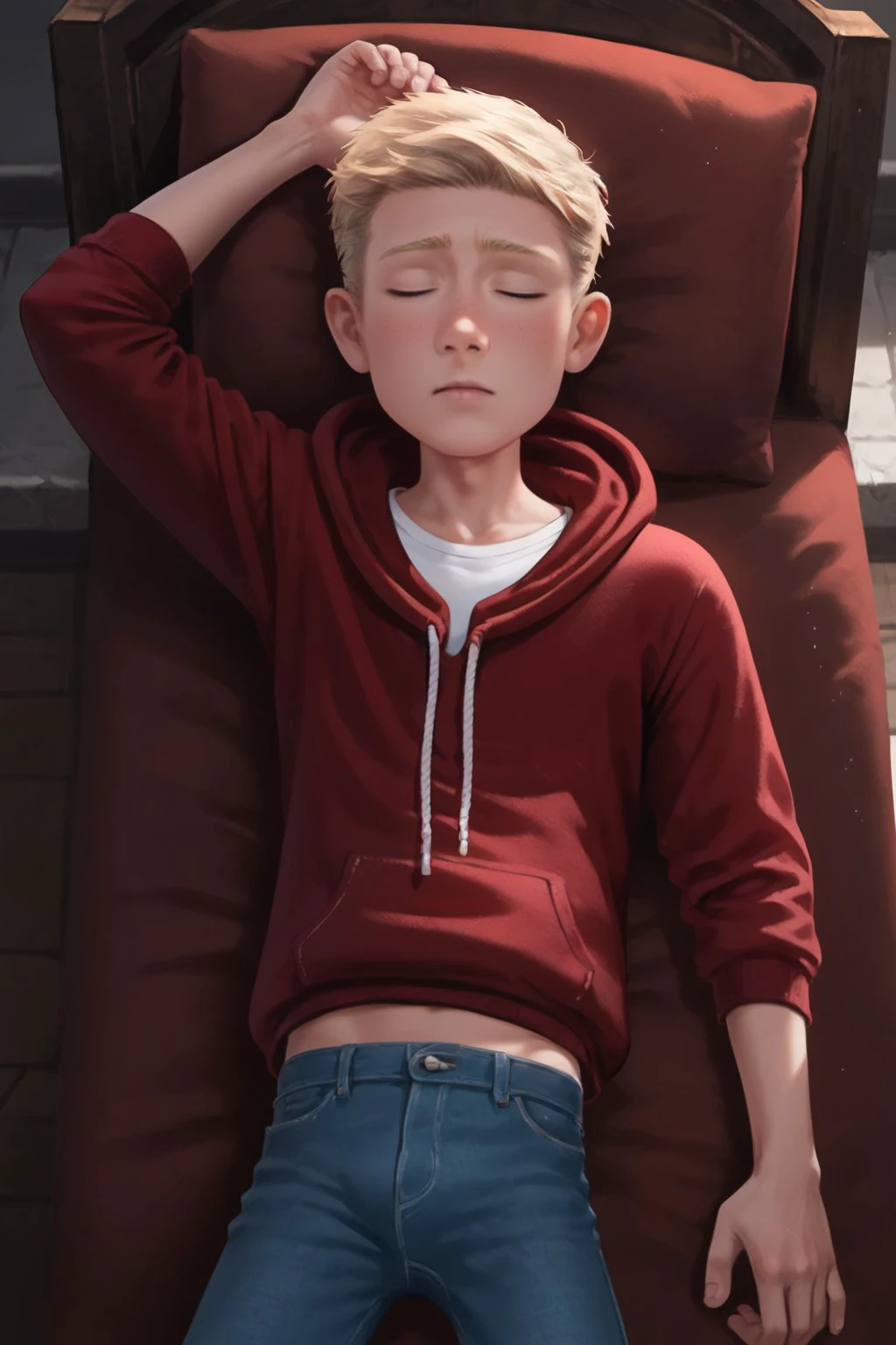 score_9, score_8_up, score_7_up, Smooth Boys Style, 1boy, young, skinny body, solo, male focus, Tony Thompson, blue eyes, Blonde hair, Red hoodie, jeans, lying in the stone coffin, (coffin), sleep, closed eyes, detailed shading, detailed skin, shaded skin, realistic shading, looking at viewer, Expressiveh, Castel, indoors, <lora:add-detail-xl:0.7>, <lora:Expressive_H:0.8>, <lora:Tony_Thompson__The_Little_Vampire:0.8>, <lora:NAI3 Smooth Boys Style LoRA_Pony XL v6:0.8>