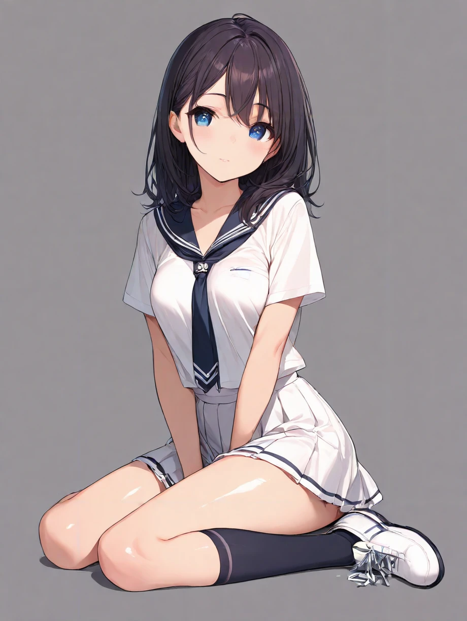 (masterpiece,ultra-detailed,best quality,8K,CG:1),illustration,(cute face,clean skin ,shiny hair,ultra-detailed-eyes:1),solo,1girl,(simple background:1.0), <lora:JCF_illustrious_V1.0:0.7> jcf,school uniform,shirt, skirt,scoks,shoes