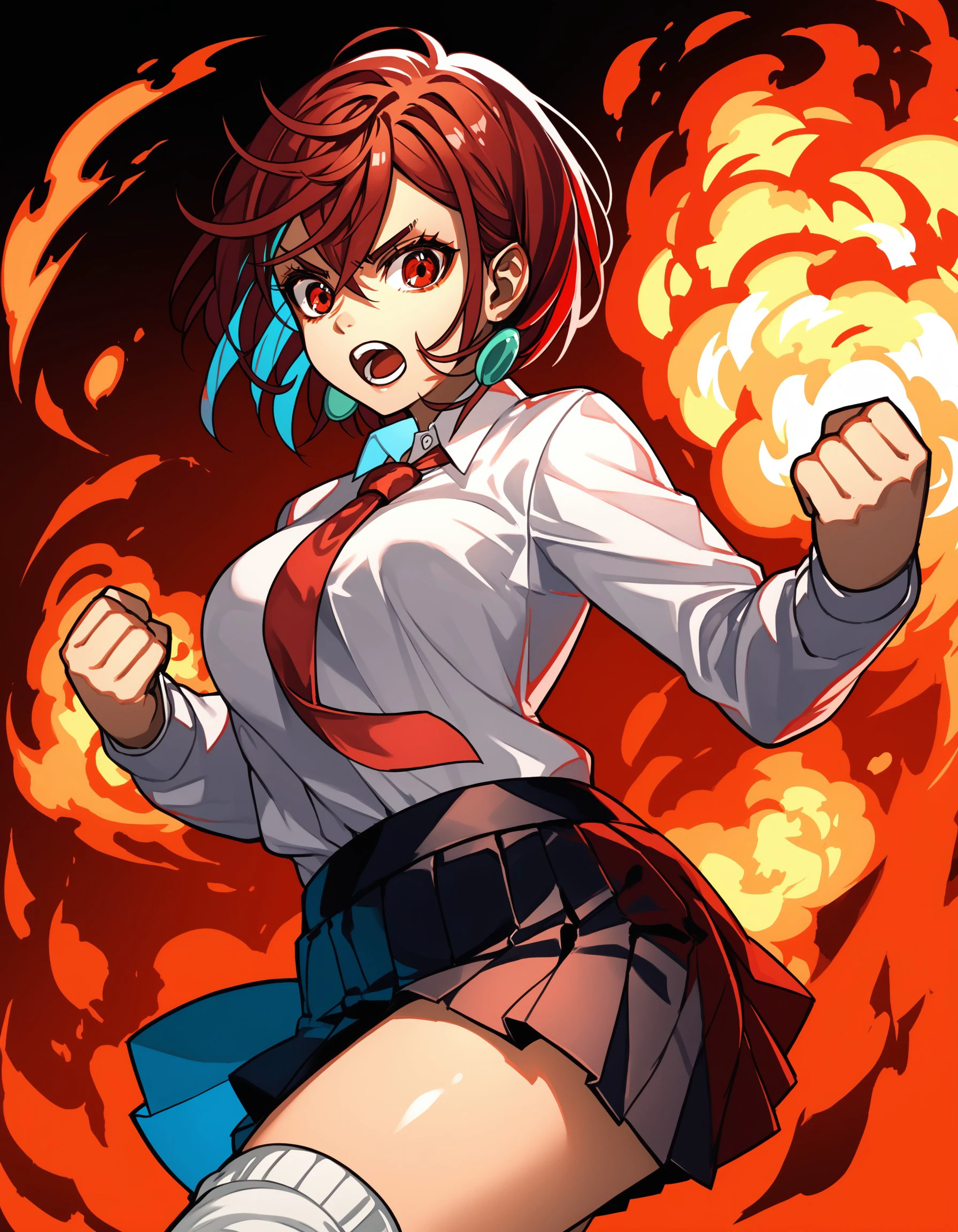 score_9, score_8_up, score_7_up, ayase momoi, 1girl, solo, breasts, looking at viewer, short hair, open mouth, skirt, brown hair, shirt, red eyes, school uniform, jacket, red hair, pleated skirt, necktie, socks, black skirt, fire, red necktie, clenched hand, incoming attack, <lora:03fd3c69-ddd9-4b32-8d40-bbf86b81510c:0.7>