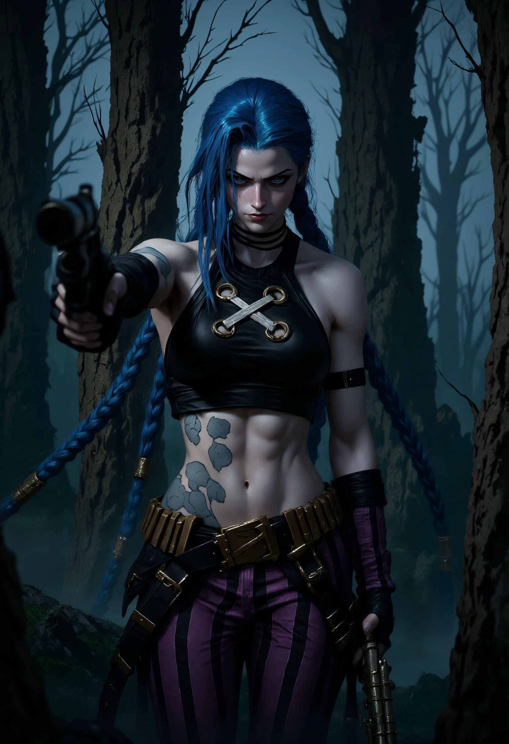 JinxA, a woman in a dramatic, cinematic style. She stands confidently in the center of a dark, misty forest, with tall, leafless trees surrounding her. The woman has long, braided blue hair, blue eyes and fair skin. She wears a crop top. Her attire is accessorized with a belt featuring ornate buckles and holsters. She holds a revolver in her right hand, pointing it forward. Her expression is crazy smiling. The background is a gradient of dark blues and grays, enhancing the mysterious and intense atmosphere of the scene. The lighting highlights her figure, creating a striking contrast against the shadowy forest backdrop.
<lora:FluxMythP0rtr4itStyle:0.6> <lora:flux.1_lora_flyway_Epic-Characters_v1:0.6> <lora:Elden_Ring_-_Yoshitaka_Amano:0.33> <lora:FluxJinxV2:1>