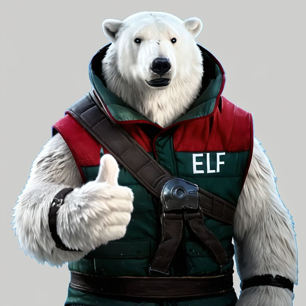 Zpdxl3, score_7_up, score_8_up, 2d, source_cartoon, solo male, upper body, 
BREAK,
Garcia, anthro, polar bear, sleeveless vest, bracer, "elf", (thumbs up), looking at viewer, simple background,