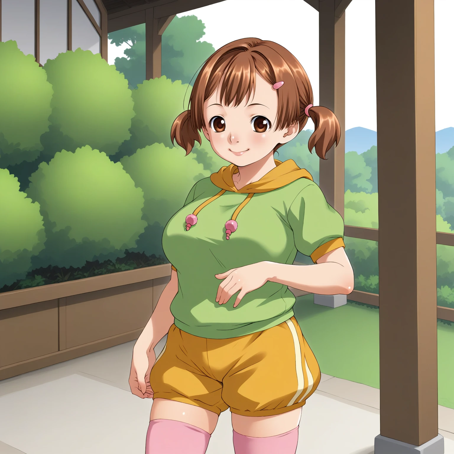 ochaco_uraraka, 1girl, solo, blush_stickers, open_mouth, looking_at_viewer, smile, blush, cowboy_shot, standing, full_body, (((flashing pussy))), big boobs, red dress, ((picnic)), (((park)))