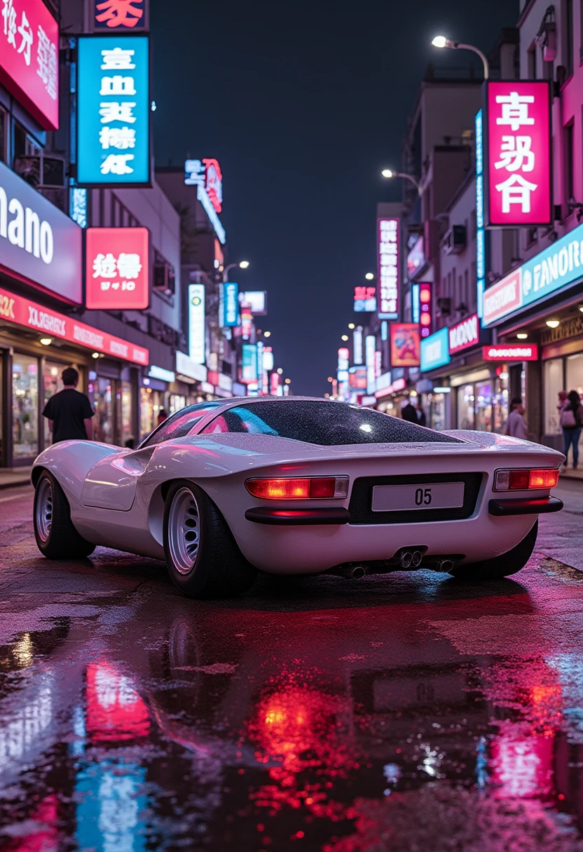 aromeo33, A futuristic sports car parked on a neon-lit street at night, surrounded by glowing city signs and reflections on the wet pavement, cyberpunk aesthetic
