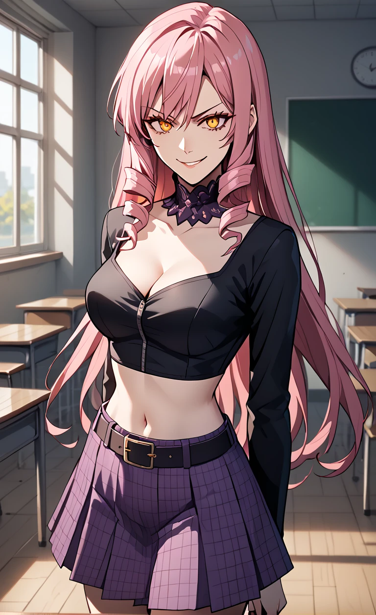 1girl, solo,
score_6, score_7, score_8, score_9,
masterpiece, best quality, highly detailed,
 <lora:Inukai_Isuke_Pony:1>, pink hair, long hair, drill hair, orange_eyes, yellow_eyes, midriff, navel, cleavage, black croptop, long sleeves, purple skirt, low_rise skirt, belt, high_boots, neck_cover,
smirk, 
sexy_pose, arms behind back, schoolroom,