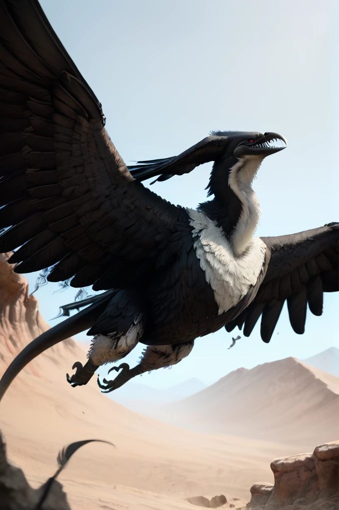 source_furry, score_9, score_8_up, score_7_up, (zuu_xv, monster, giant bird), black feathers, detailed feathers, white fur, detailed fur, red eyes, detailed eyes, sharp teeth, head wings, long neck, claws, tail, wings, feathered wings, <lora:FF_ZuuPony08:0.8>, outdoors, desert, flying, front view, view from below, look at viewer, looking angry, spread out wings, zPDXL2, zPDXLpg, zPDXLrl, shaded, best quality, highly detailed, extreme detail, photorealistic