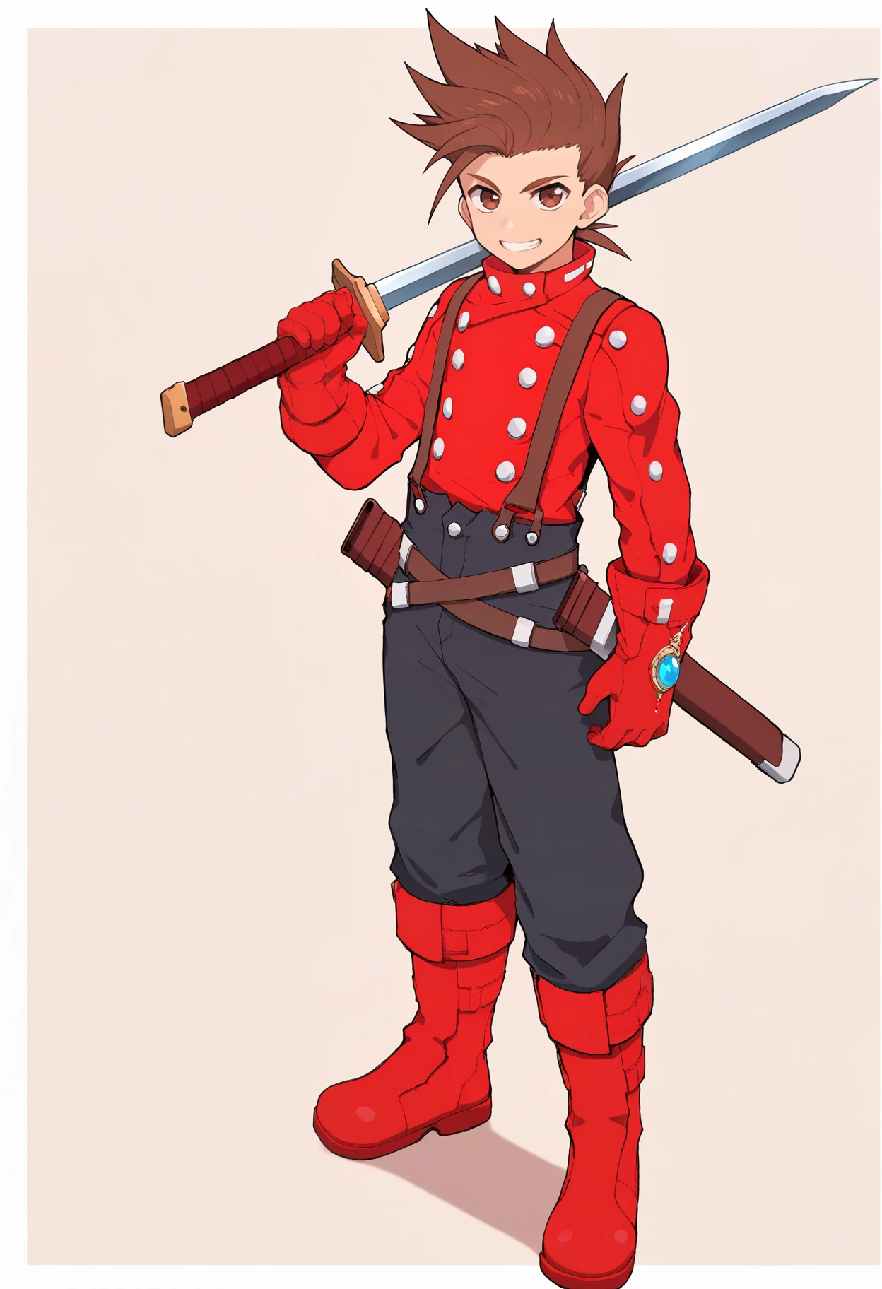 masterpiece, best quality, 1boy, spot color, <lora:LloydToS-illu:1> defLloyd, brown hair, spiked hair, brown eyes, red jacket, long sleeves, red gloves, suspenders, black pants, knee boots, red footwear, grin, looking at viewer, full body, holding sword, sheath, jewelry, weapon over shoulder, simple background, outside border, thick outlines