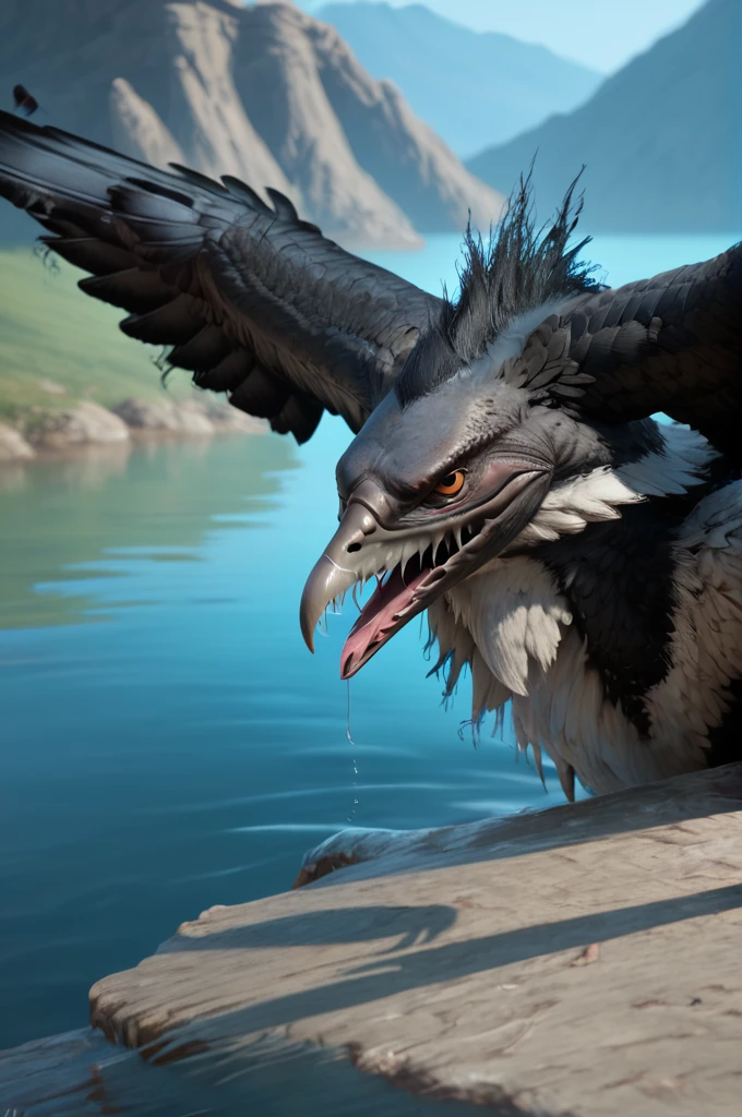 source_furry, score_9, score_8_up, score_7_up, (zuu_xv, monster, giant bird), black feathers, detailed feathers, white fur, detailed fur, sharp teeth, head wings, long neck, claws, tail, wings, feathered wings, <lora:FF_ZuuPony08:0.8>, outdoors, graslands, on ground, lake, head down, head went wo surface from water, beak touches surface of water, tongue out, saliva, drinking water from lake, zPDXL2, zPDXLpg, zPDXLrl, shaded, best quality, highly detailed, extreme detail, photorealistic