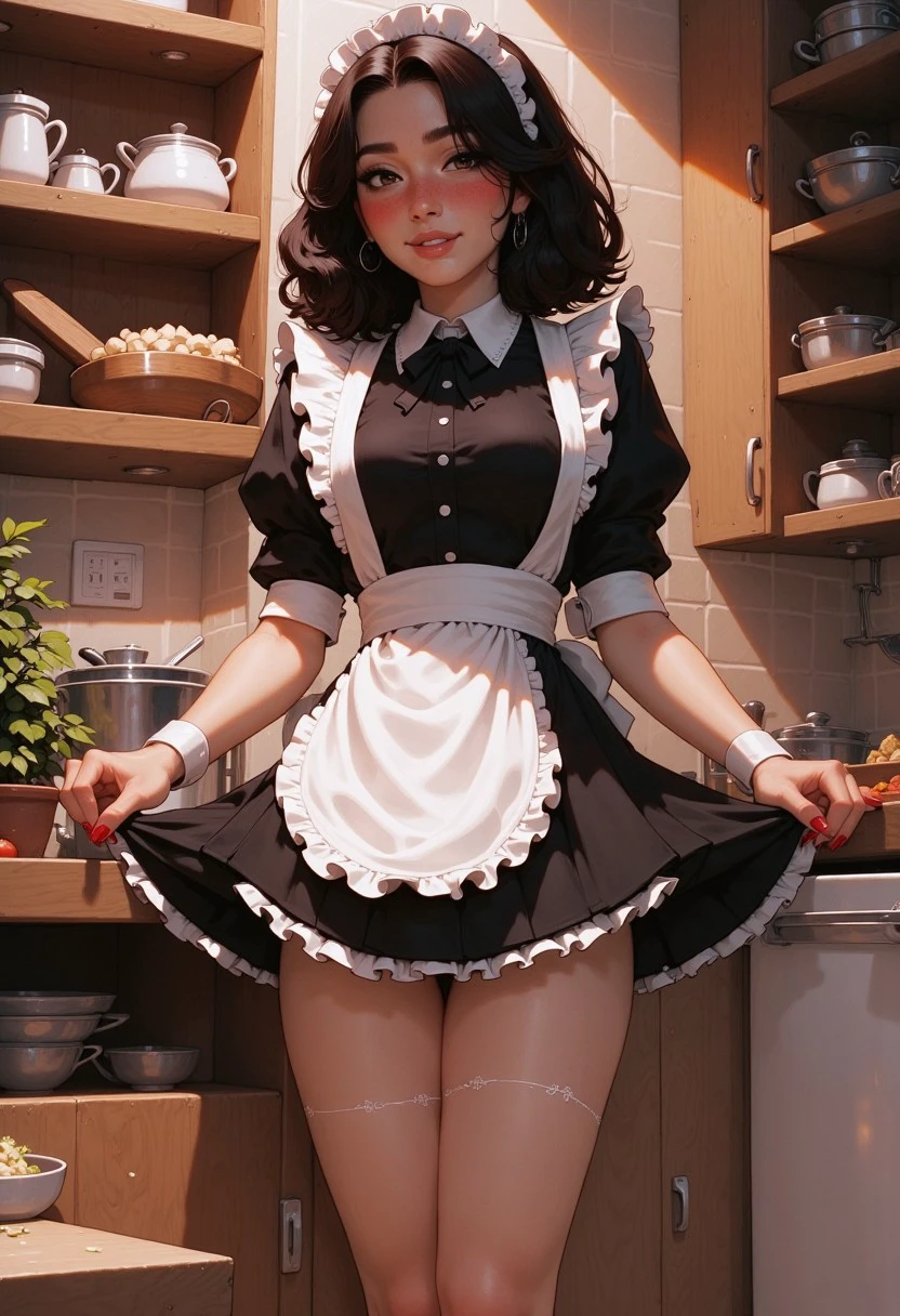 Isabelle, house keeping in a pantry with a french maid outfit, shy cooking, cooking food, food on the counter, ingredients on the counter.