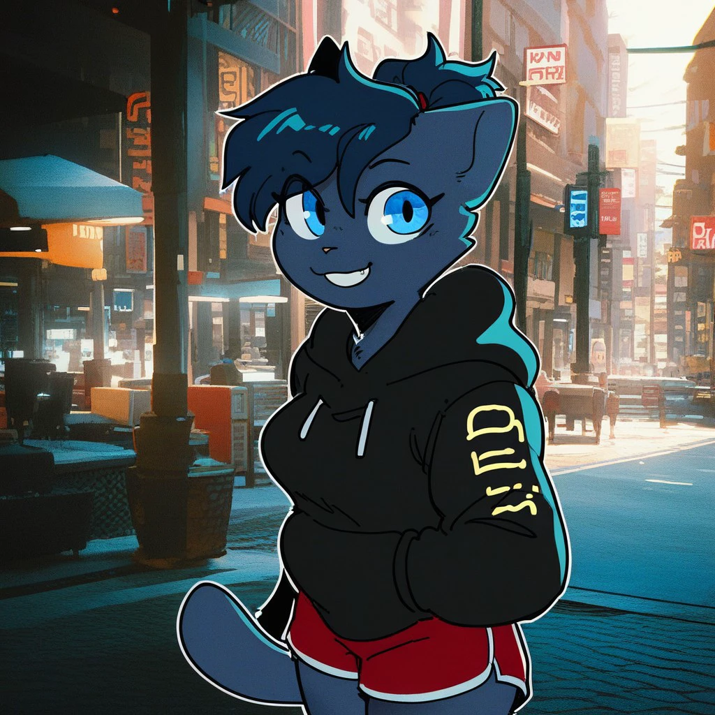 score_9, score_8_up, score_7_up, anthro, hair, blue eyes, short hair, ponytail, hoodie, dolphin shorts, feline, furry, 1girl, solo, smile, half-body portrait, looking at viewer, outdoors, city street