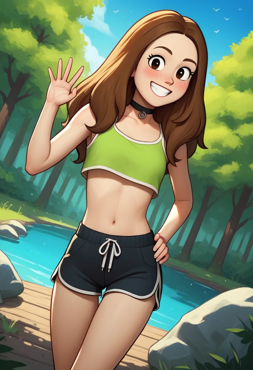 score_9, score_8_up, score_7_up, score_6_up, score_5_up, 1girl, solo,
<lora:Sophie (Storybooth):0.9>
Sophie_Storybooth, brown hair, long hair, dot eyes,
choker, grin, teeth, (dolphin shorts, crop top, midriff),
cute pose, dutch angle,
outdoors, (detailed background), forest, rock, trees,
looking at viewer, coy smile, flirtatious look,
sultry expression, blush,