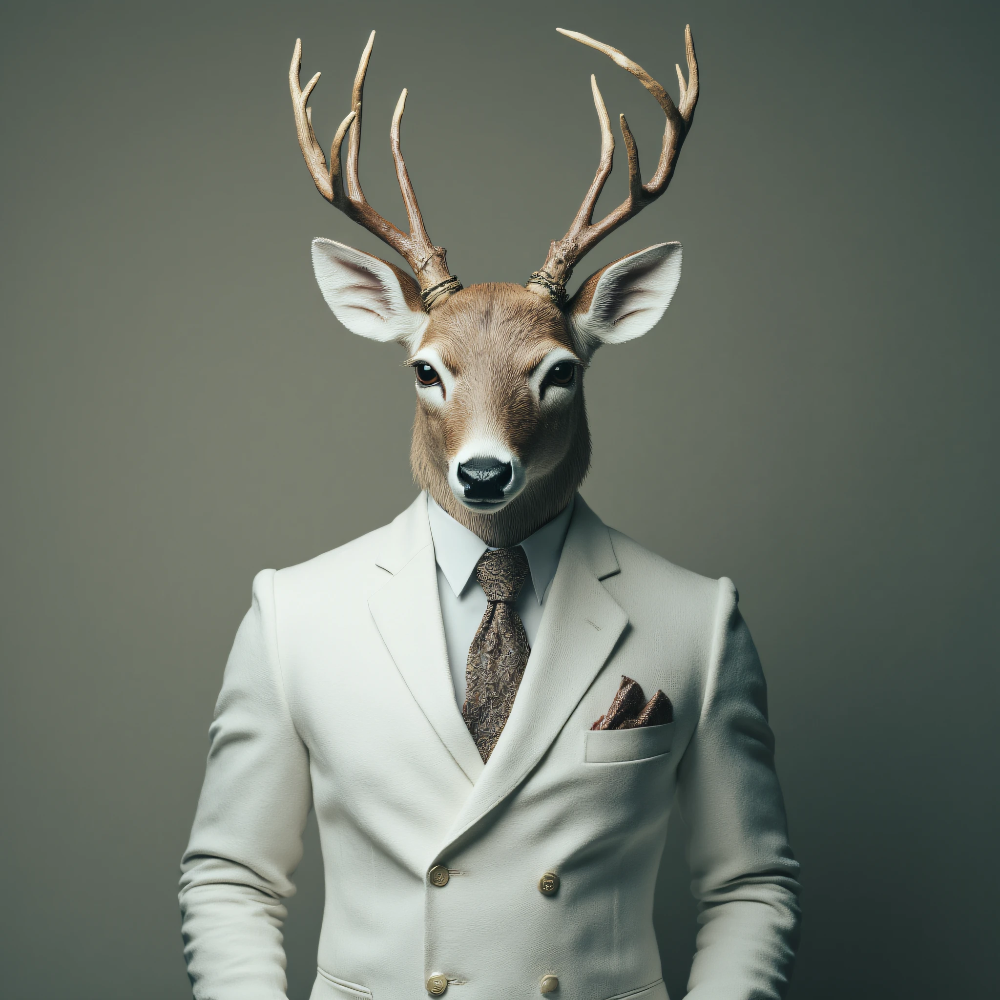 Anthropomorphic, cinematic setting, The image shows a man in a white suit with a deer head on his head standing in front of a wall., antlers, solo, furry, furry male, 1boy, animal, suit, formal, buttons, no humans