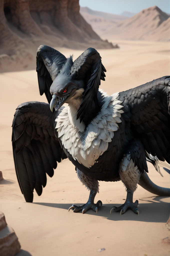 source_furry, score_9, score_8_up, score_7_up, (zuu_xv, monster, giant bird), black feathers, detailed feathers, white fur, detailed fur, red eyes, detailed eyes, sharp teeth, head wings, long neck, claws, tail, wings, feathered wings, <lora:FF_ZuuPony08:0.8>, outdoors, desert, look at viewer, looking angry, spread out wings, zPDXL2, zPDXLpg, zPDXLrl, shaded, best quality, highly detailed, extreme detail, photorealistic