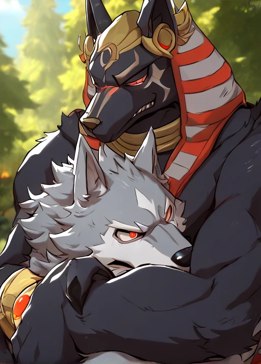 score_9_up, score_8, score_7, source_anime, 2boys, duo, (wolf, animal, male, forest background, furry, hugging),, (black male skin, red eyes, open eyes, normal eyes), <lora:GreatM8_Style_XL_Pony_Revision:1> greatm8 style, <lora:ReaperPony_(ow):1> Reaper_(ow)