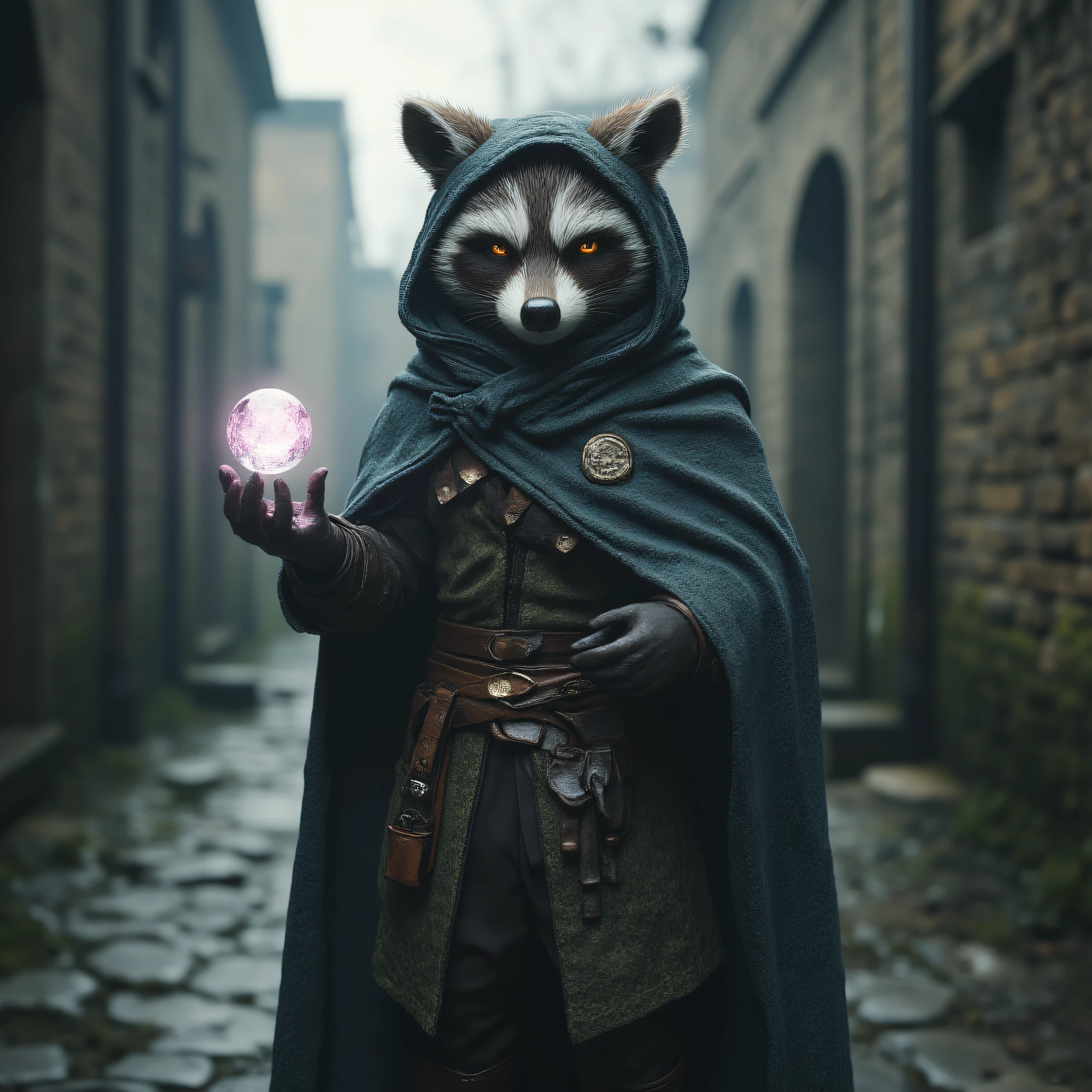 Anthropomorphic, cinematic setting, The image shows a raccoon wearing a cloak and holding a crystal ball in its hand standing in front of a path with buildings on either side., pouch, belt, furry, blurry, solo, gloves, furry male, blurry background, 1other, outdoors