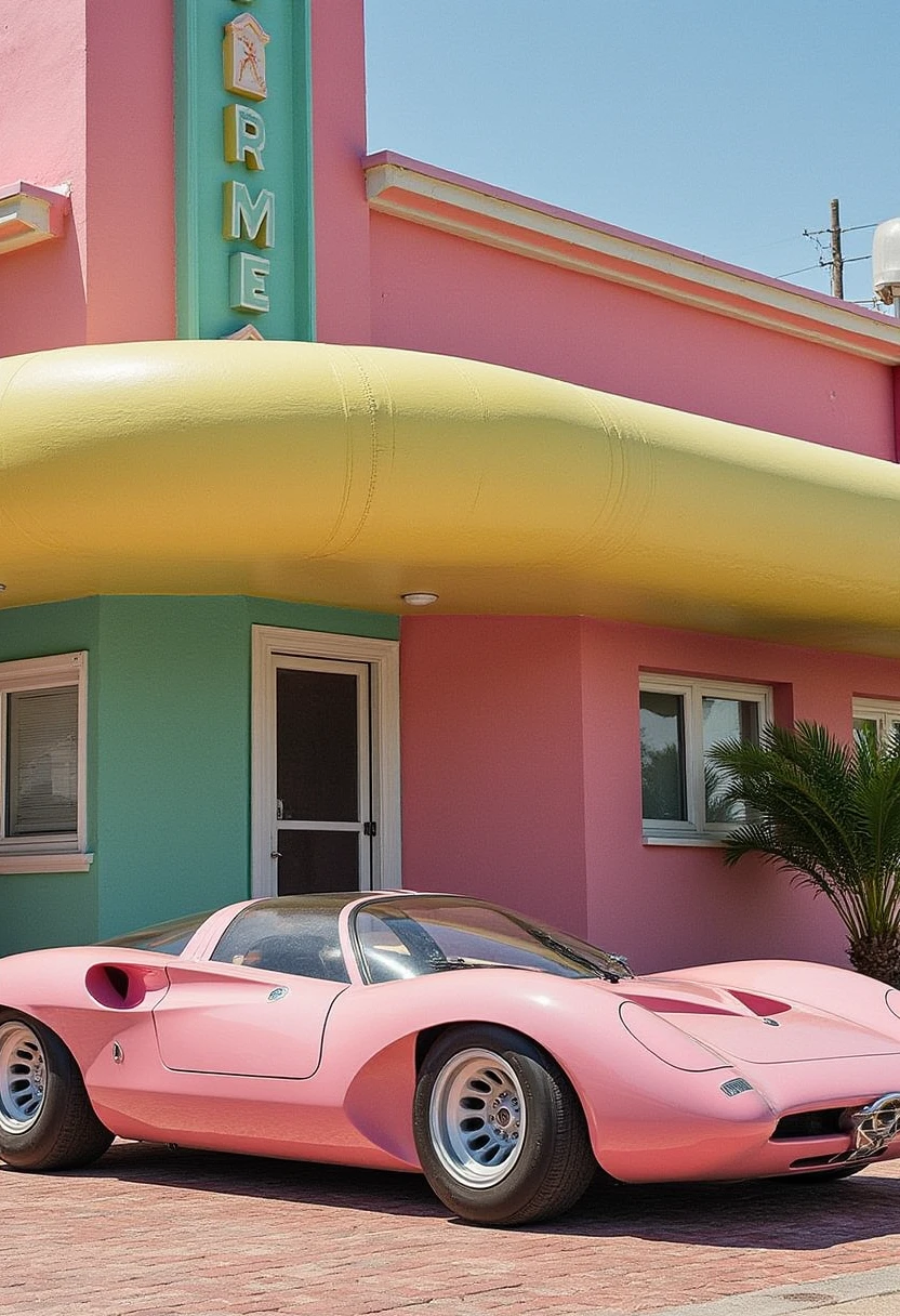 aromeo33, car parked in front of an Art Deco building, with vibrant pastel tones and a retro-futuristic vibe.
