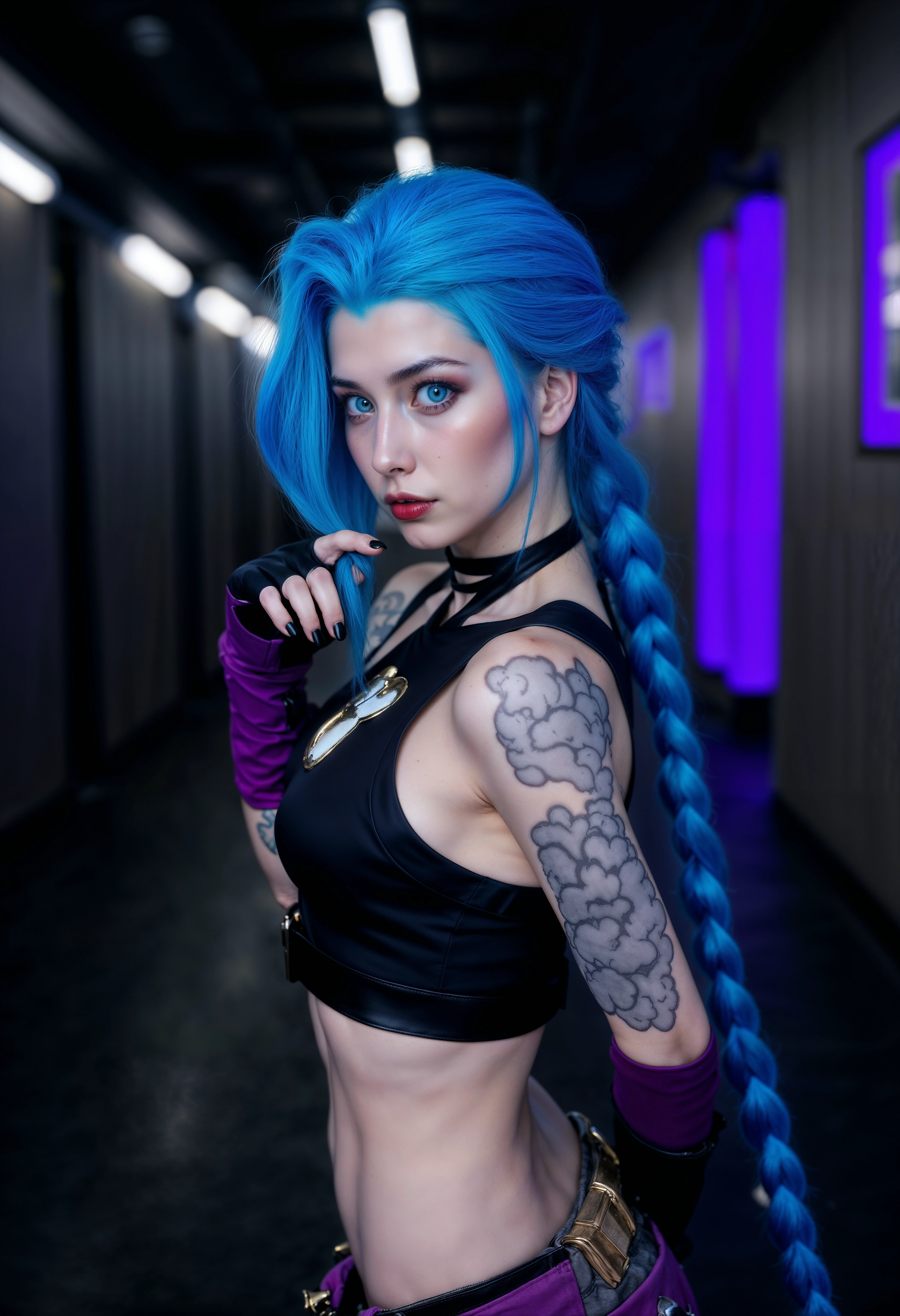 JinxA, a side portrait-style photograph featuring a girl with long, vibrant blue hair styled in a braid. The girl has blue eyes, fair skin and is wearing dark eye makeup and red lipstick. She is dressed in a crop top that shows her skinny defined stomach, and have distinctive cloud-patterned tattoos on her arms. The girl is posing with one hand near their mouth, wearing fingerless gloves—one black and the other purple. The background shows a dark corridor with neon lights, <lora:FluxJinxV2:1>