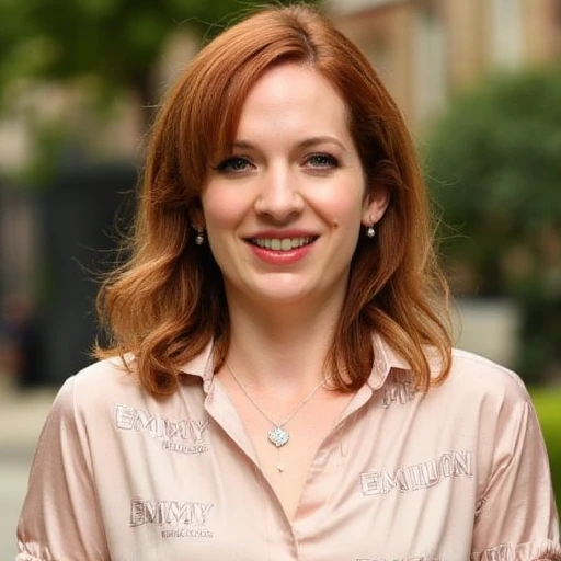 cheerful expression. She has light skin with a natural, taken outdoors. She has shoulder-length, silky cream-colored blouse with a V-neckline., as indicated by the repeating "Emmy" and "MILLION" text. The woman, auburn hair styled in loose waves and is wearing a light, she has a delicate silver necklace with a small pendant., natural makeup look